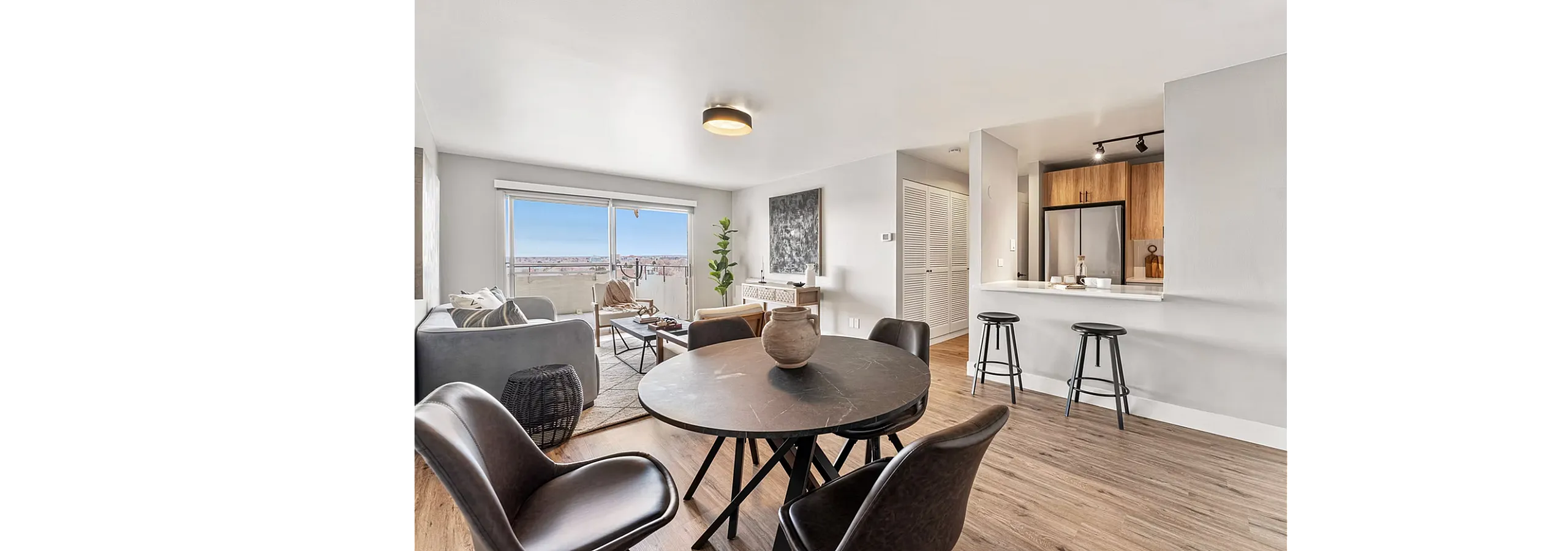 Bright and modern open-plan apartment with stylish dining area, cozy living room, and sleek kitchen, complemented by a stunning view from the sliding glass doors.