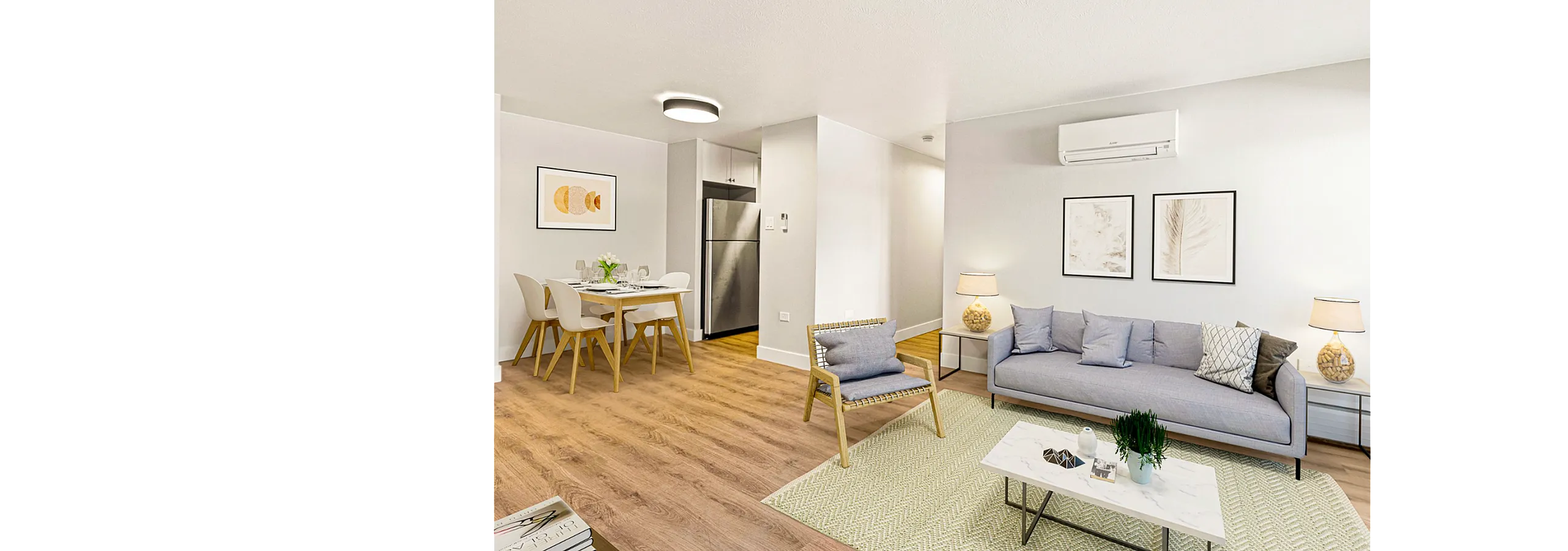 Modern apartment living area with elegant furnishings, featuring a cozy sofa, stylish decor, and a dining table set in an inviting open space.