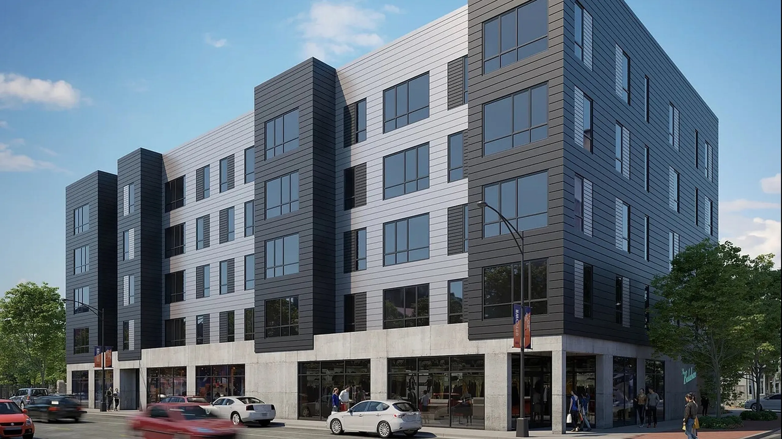 Modern multi-story apartment building with sleek design and large windows, located at a vibrant urban intersection.
