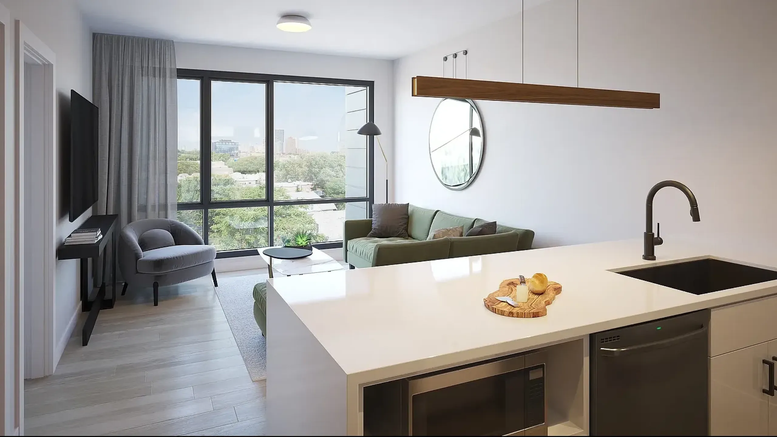 Modern apartment with open-concept layout, featuring sleek kitchen, spacious living area, and elegant hardwood floors.