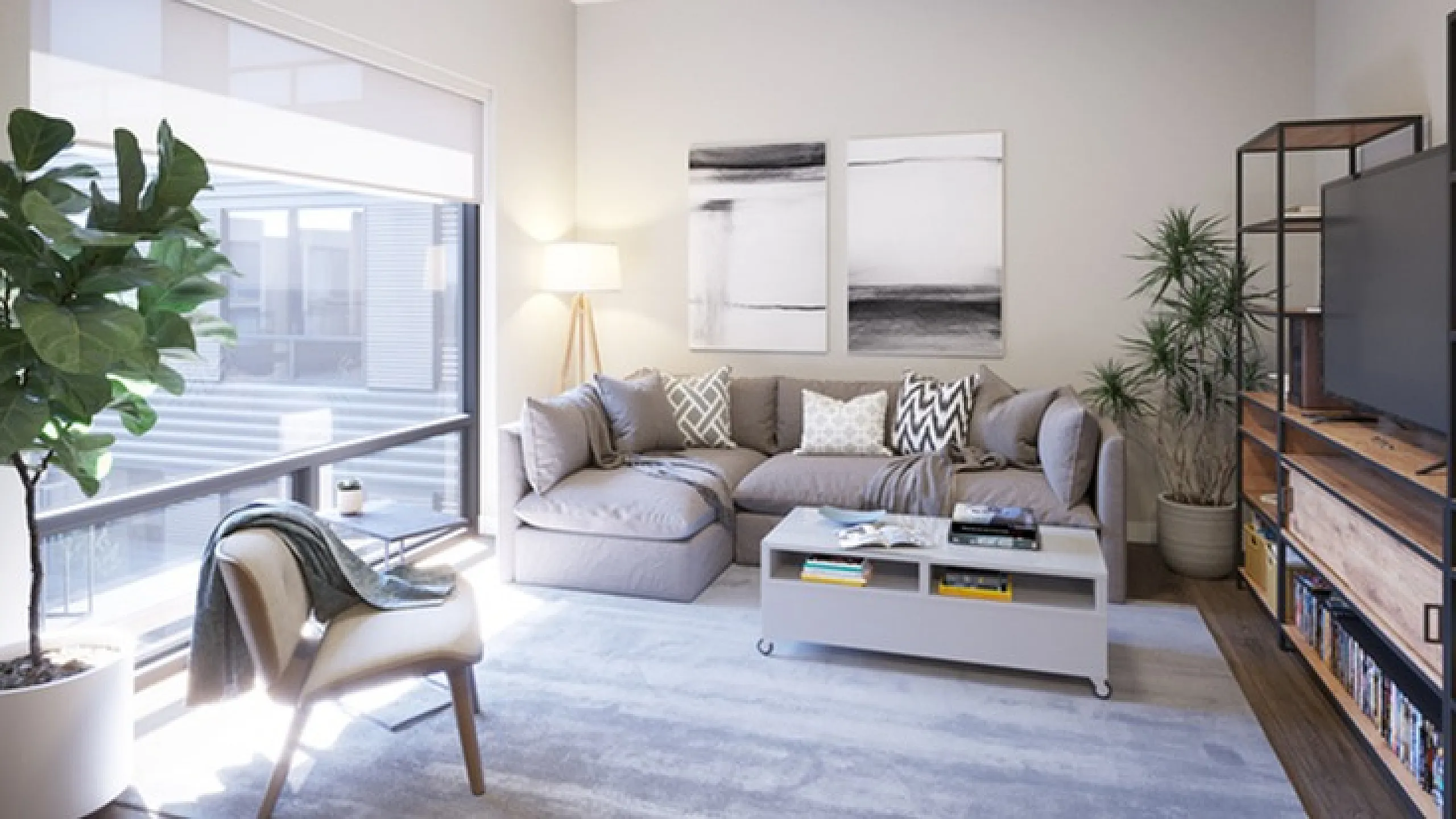 Bright and modern living room featuring a cozy sectional sofa, stylish decor, and abundant natural light from large windows.