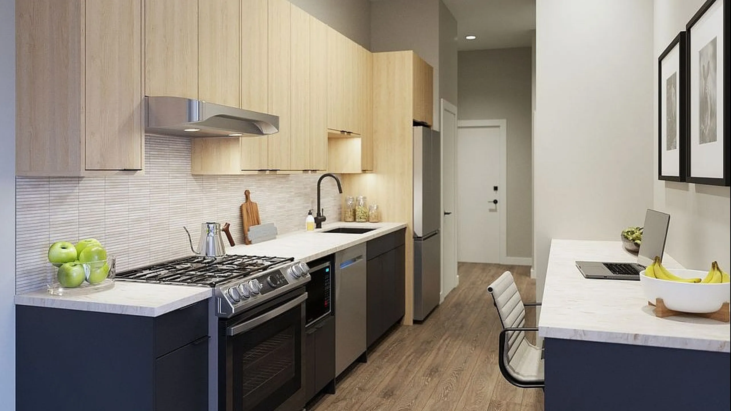 Modern kitchen with sleek wooden cabinets, stainless steel appliances, and a cozy breakfast bar for a stylish and functional space.