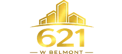 Luxurious golden emblem for 621 W Belmont with sleek skyscrapers on a reflective black background.
