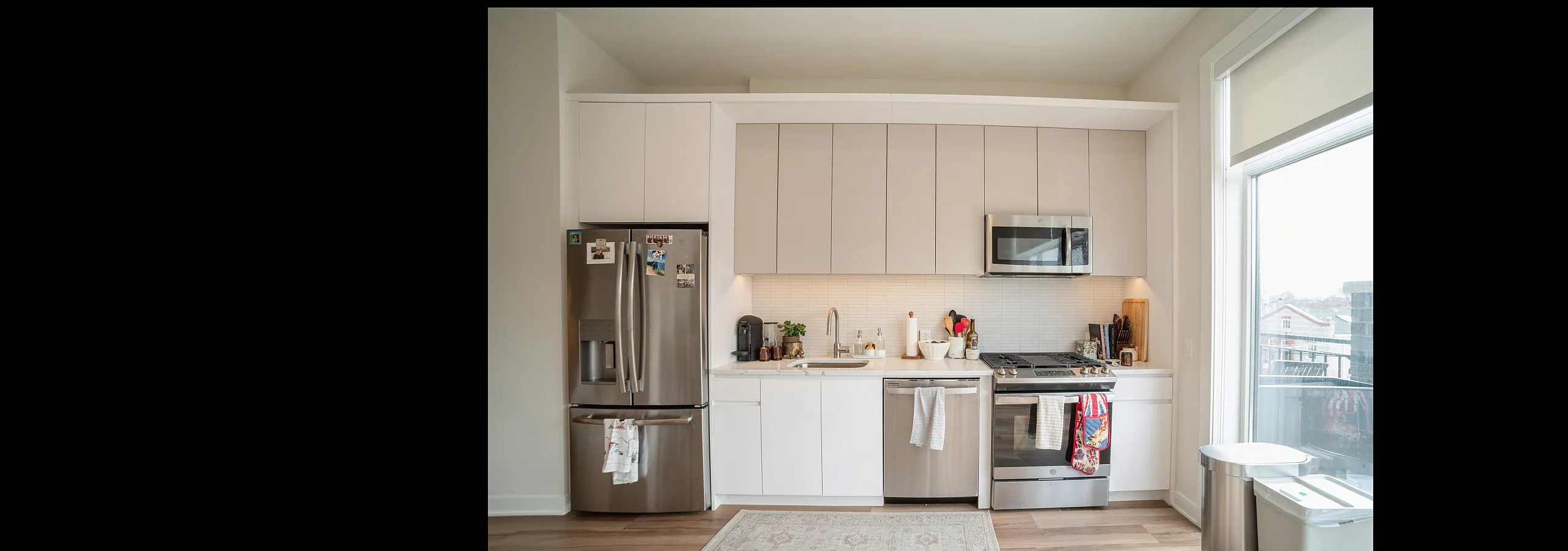 Contemporary kitchen with sleek appliances, minimalist white cabinets, and natural light from large windows.