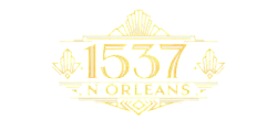 Elegant gold Art Deco logo design featuring '1537 N Orleans' with intricate fan motifs.