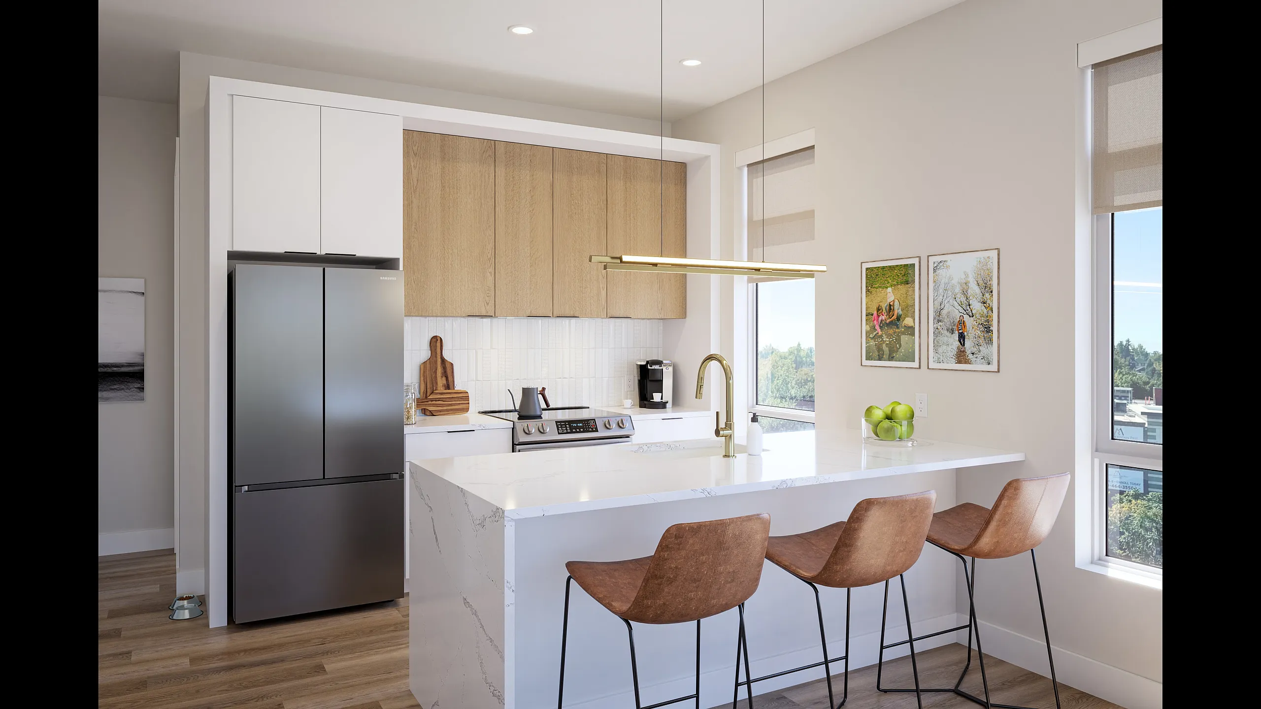 Modern kitchen with sleek countertops, stylish bar stools, and bright natural lighting, perfect for contemporary living.
