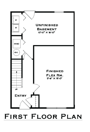First floor plan featuring an unfinished basement and a spacious finished flex room.