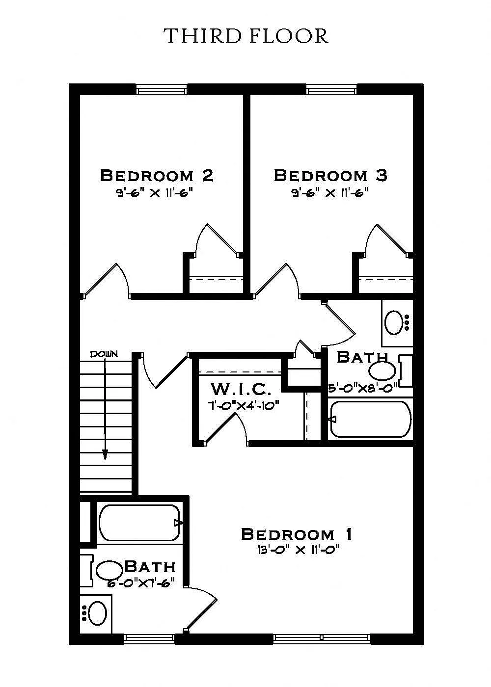 Innovative third floor plan featuring three bedrooms, two bathrooms, and a walk-in closet.