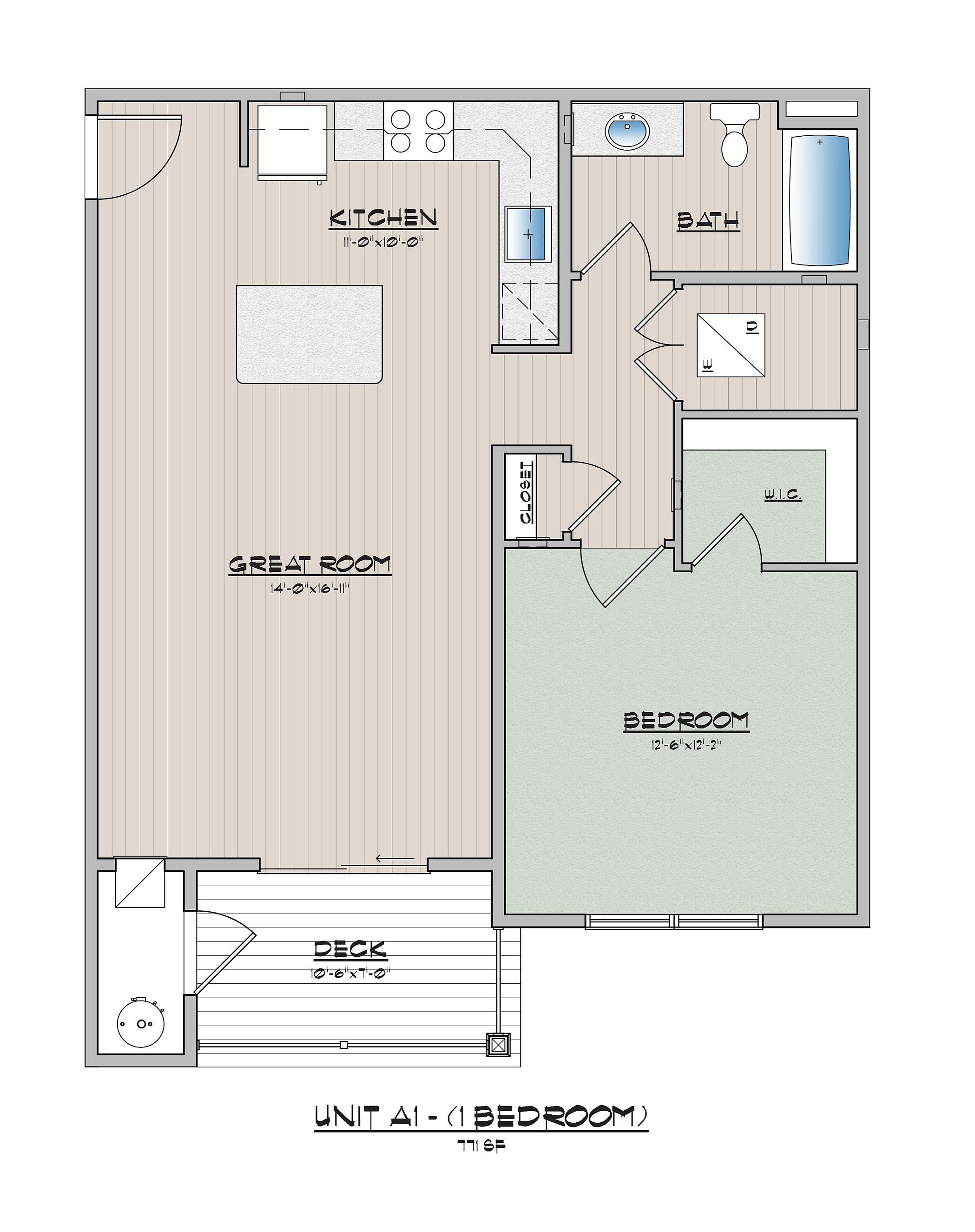 1-bedroom apartment floor plan featuring a spacious great room, kitchen, bath, and deck.