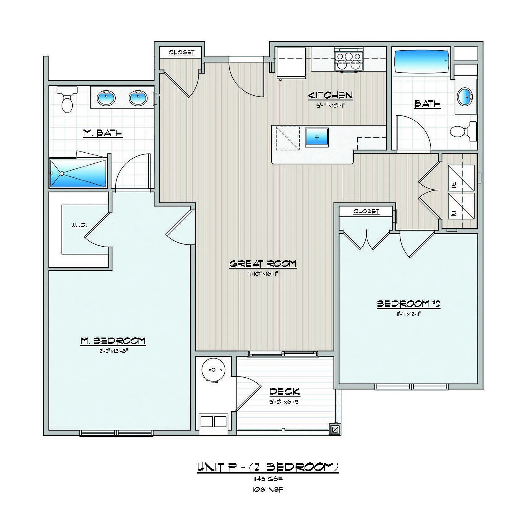 Elegant 2D floor plan with two bedrooms, open great room, modern kitchen, and a deck.