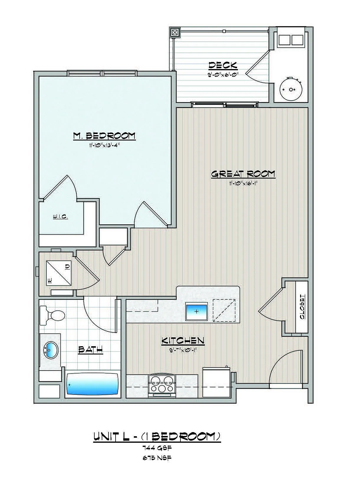 Efficient 1-bedroom floor plan featuring a master bedroom, spacious great room, and a sleek kitchen layout.