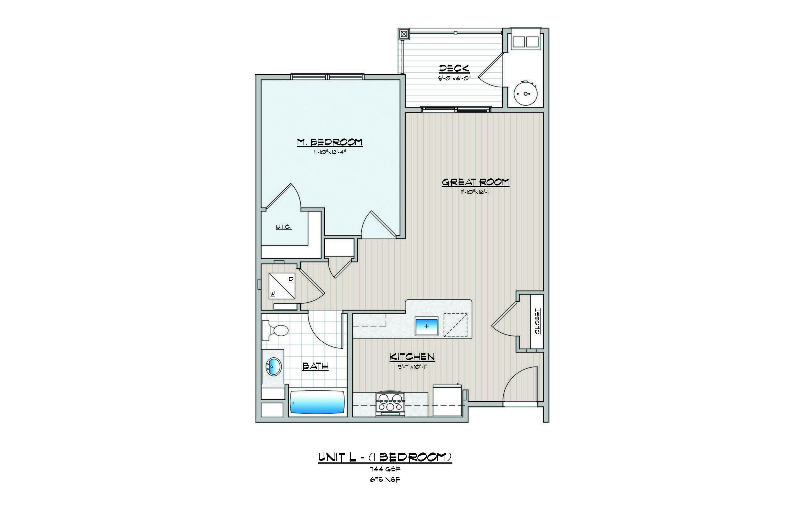 Floor plan of a modern one-bedroom unit featuring a great room, kitchen, bath, and deck.
