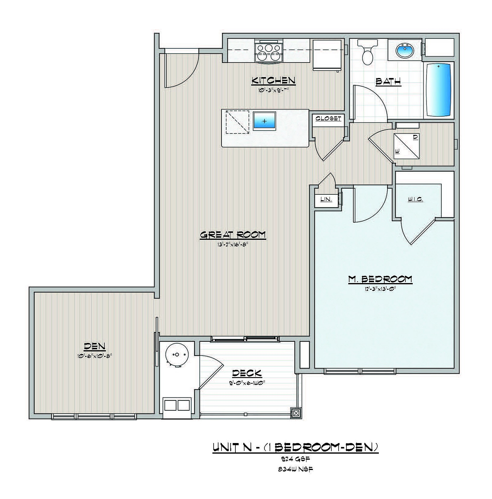 Detailed floor plan showing 1 bedroom, a cozy den, great room, and a functional kitchen.