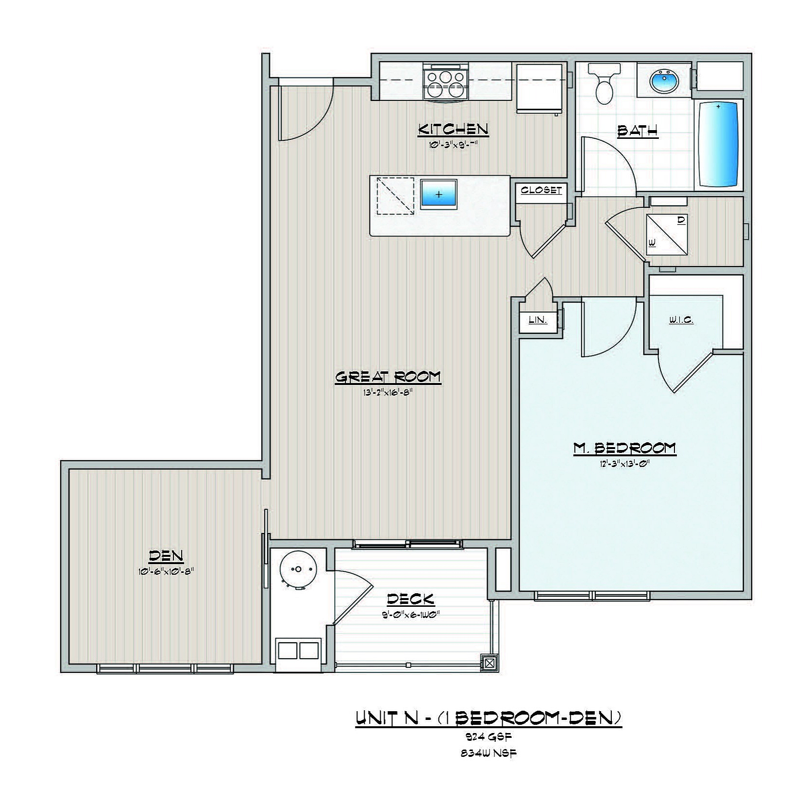Stylish 2D floor plan of a one-bedroom unit with a den, featuring a modern kitchen and great room.