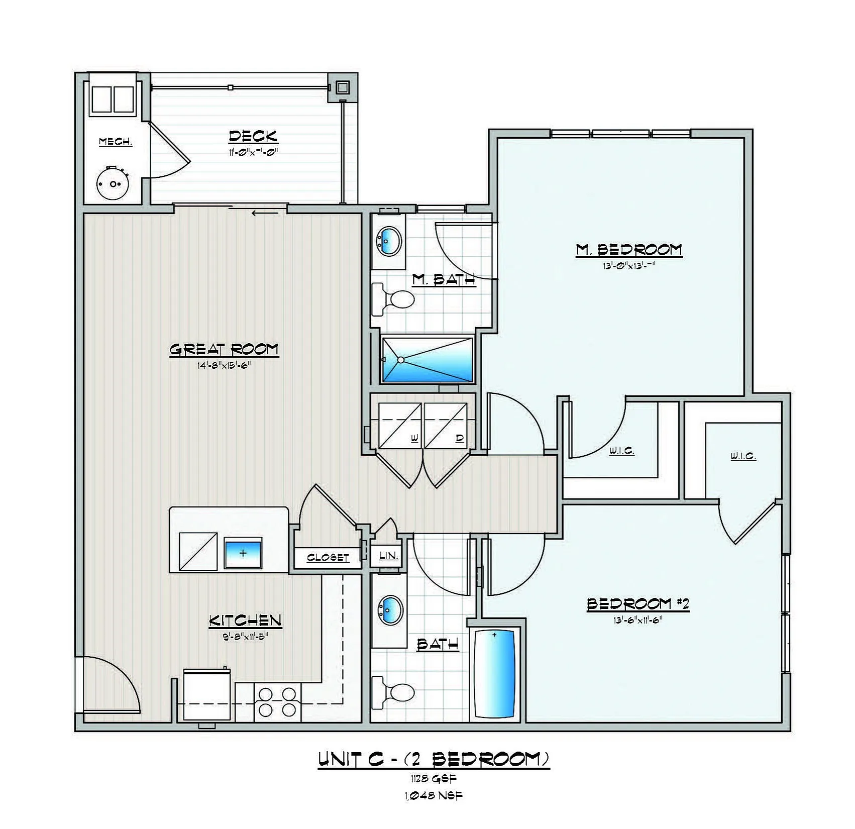 Charming floor plan of Unit C with 2 bedrooms, spacious great room, and modern kitchen.