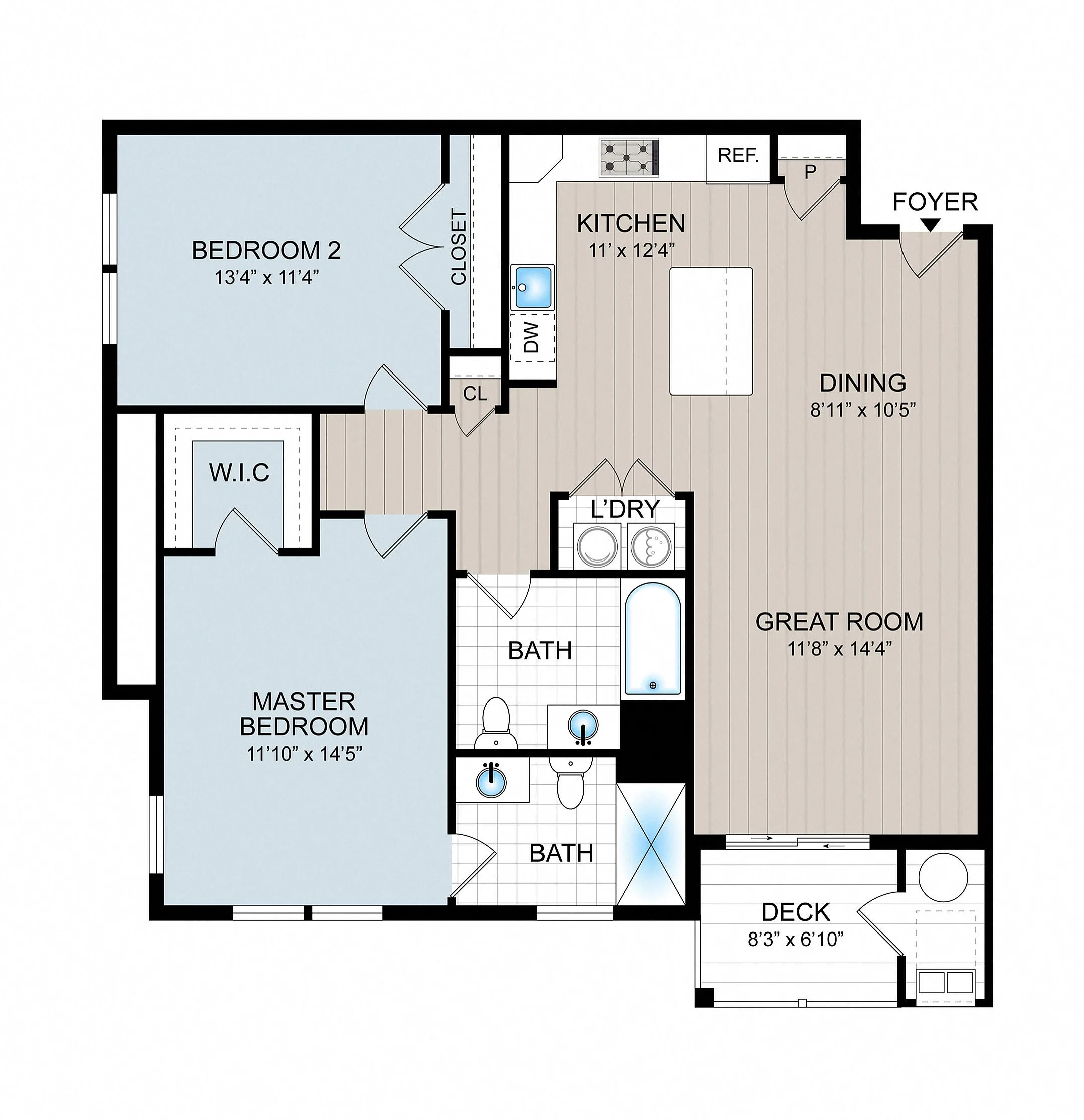 Contemporary floor plan showcasing 2 bedrooms, open kitchen, and expansive living area with deck access.