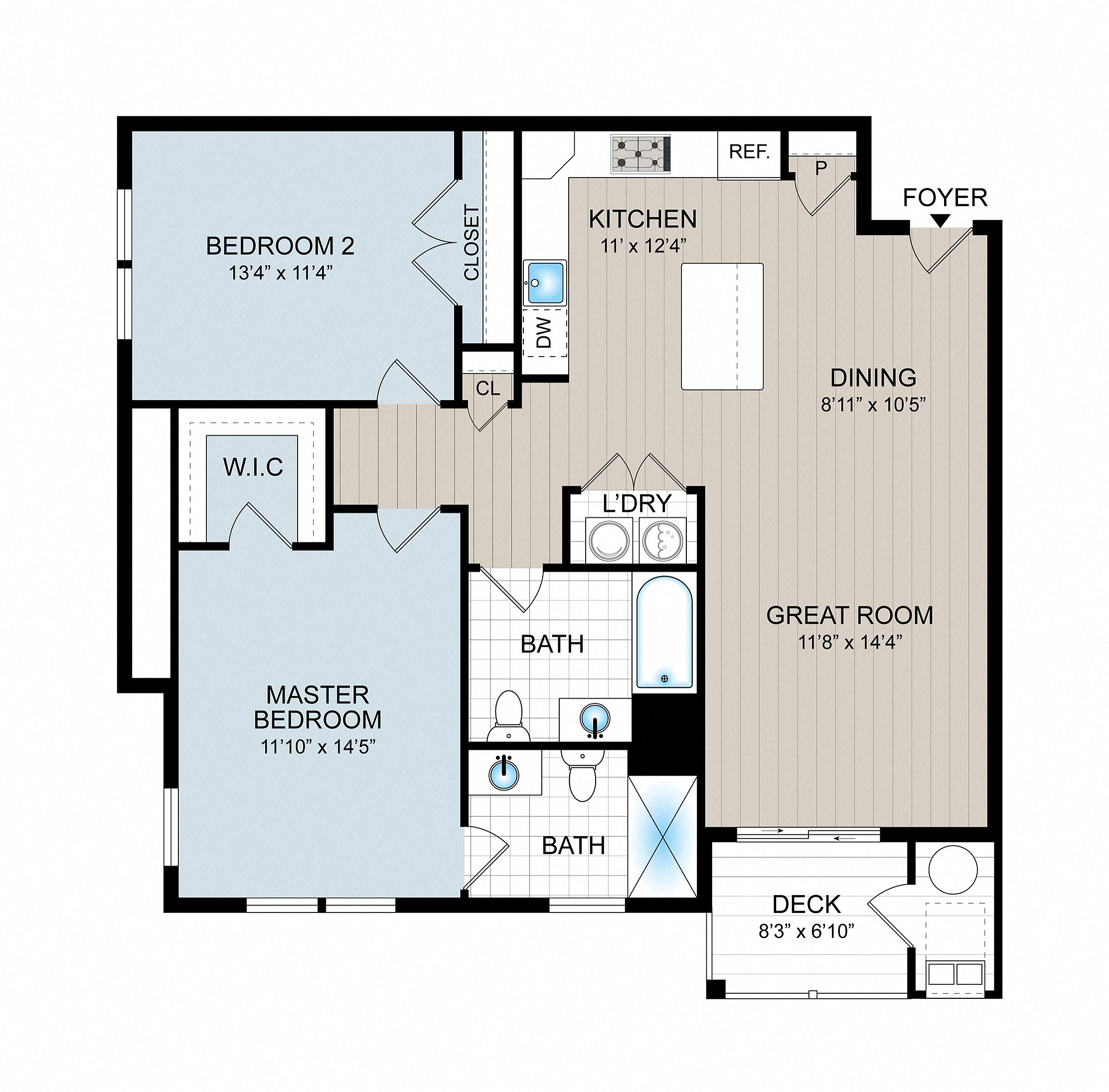 Detailed floor plan showcasing 2 bedrooms, great room, kitchen, dining area, and deck.