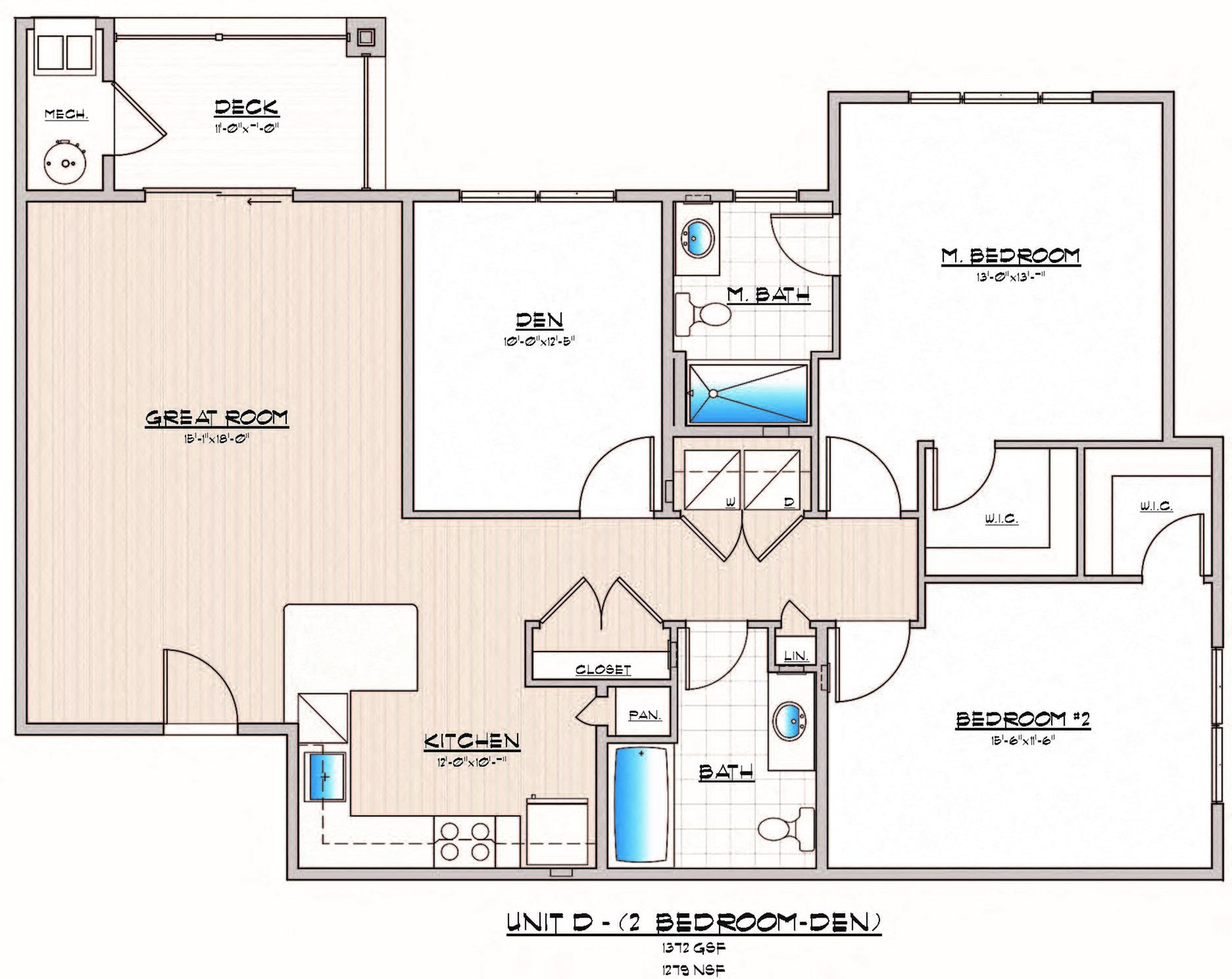 Detailed floor plan of a 2-bedroom apartment with a den, great room, kitchen, and two bathrooms.