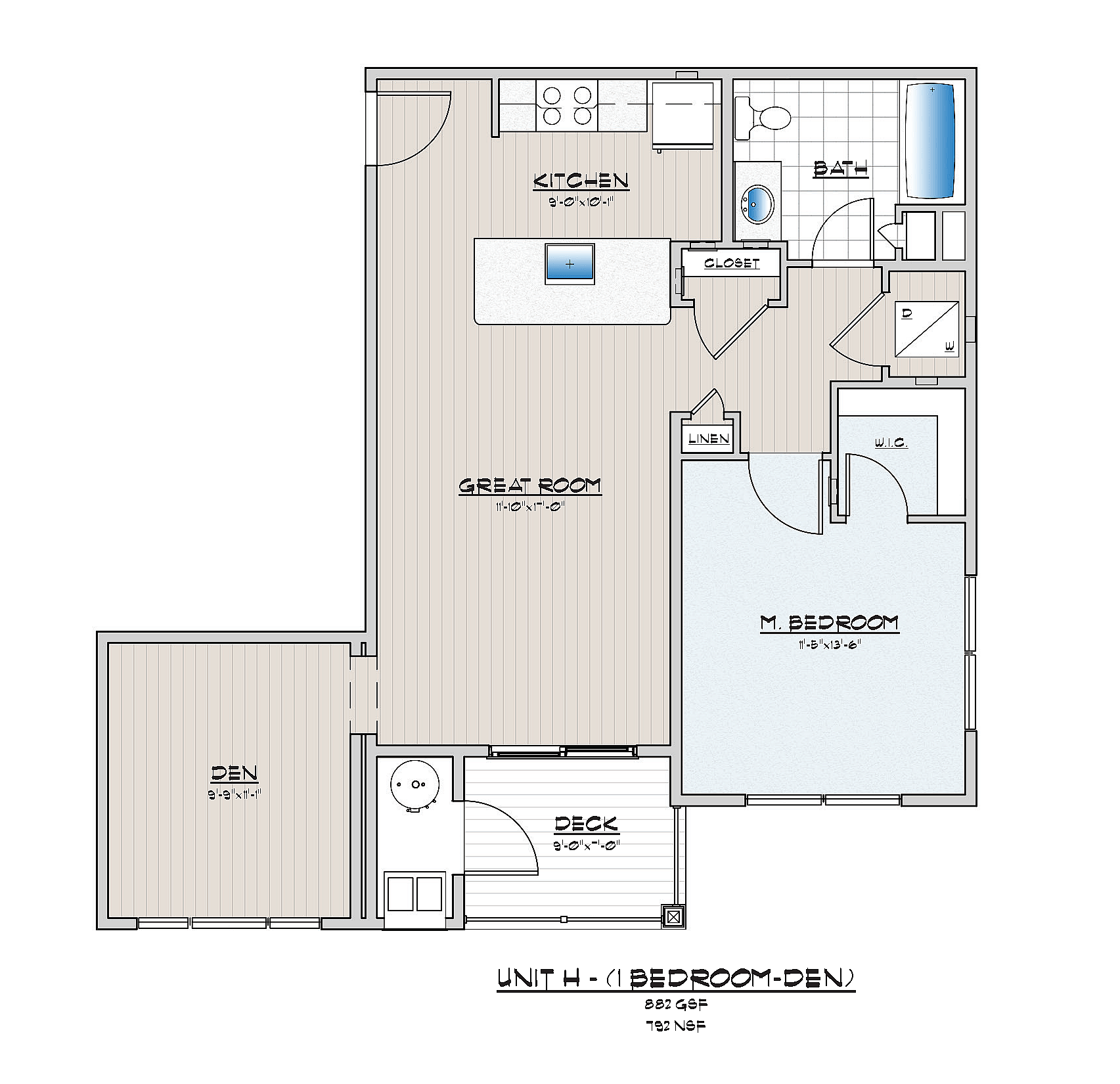 Stylish floor plan of Unit H featuring a master bedroom, den, great room, kitchen, bathroom, and deck.