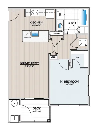 Contemporary floor plan depicting a master bedroom, great room, kitchen, and bathroom with deck access.