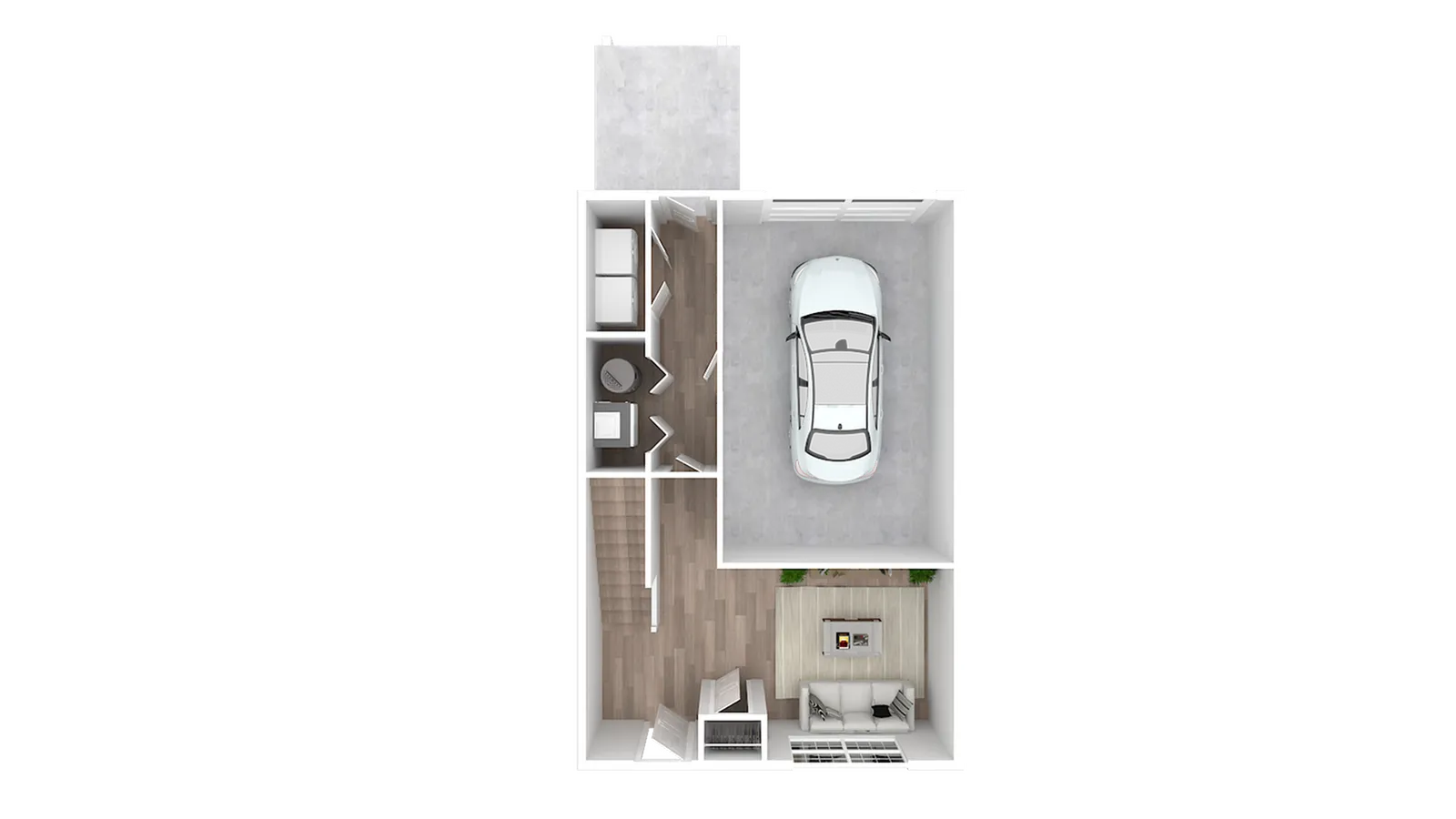 3D floor plan showing a single-car garage, compact living space with sofa, and staircase.