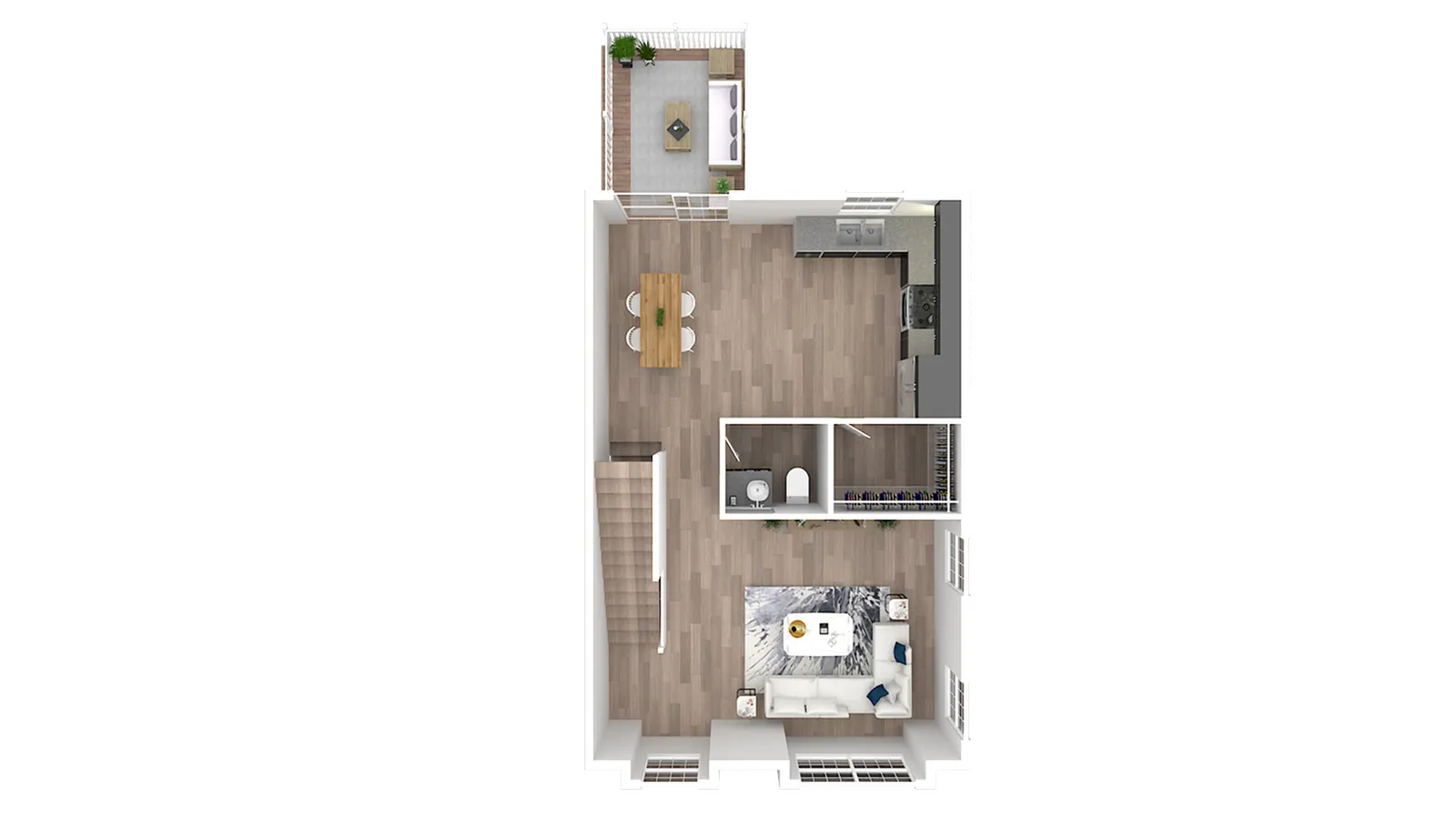 3D floor plan featuring a modern open-concept living area with a kitchen, dining space, and bathroom.