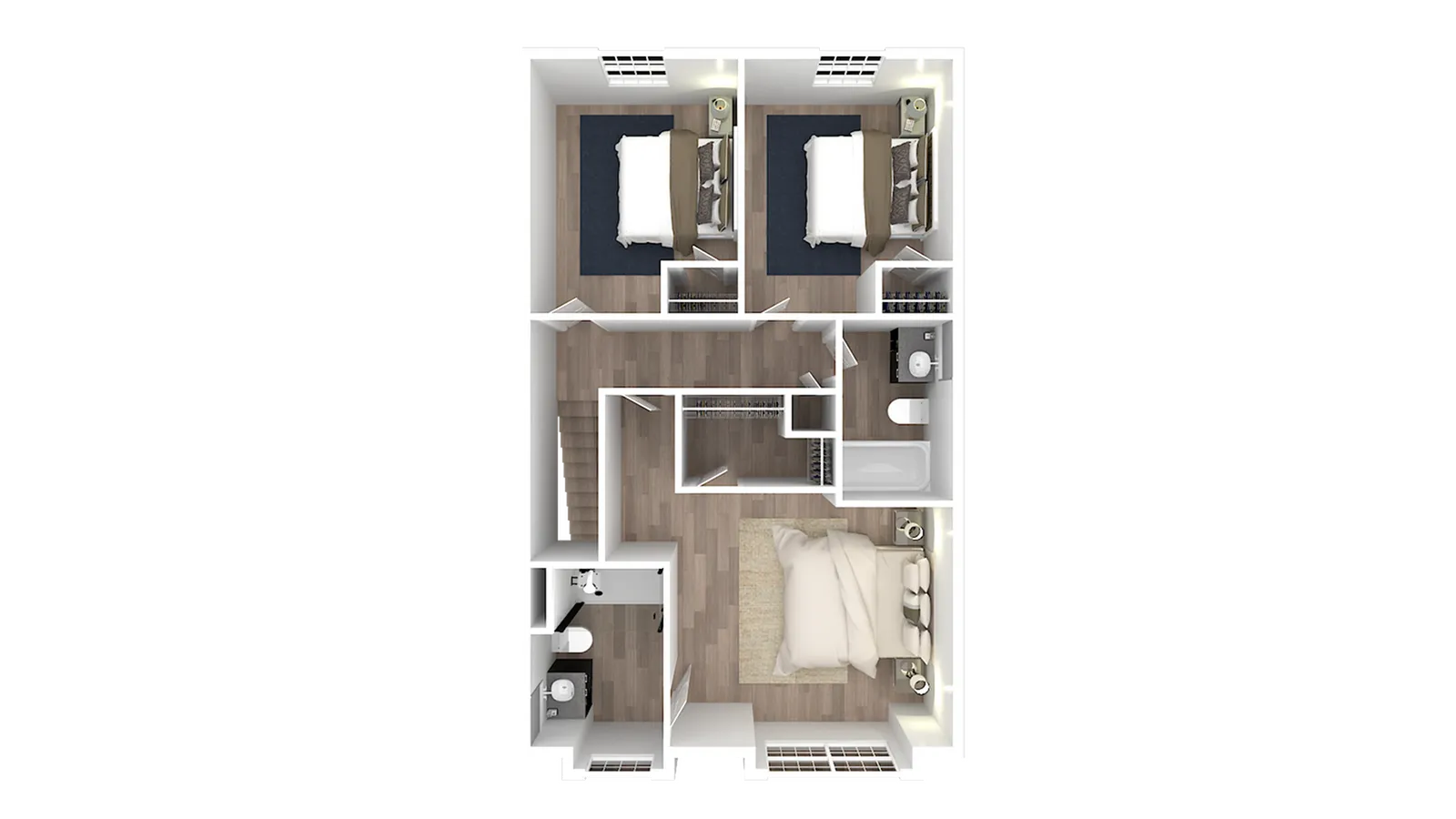 3D floor plan of a stylish apartment featuring 3 bedrooms, modern bathrooms, and an open living area.