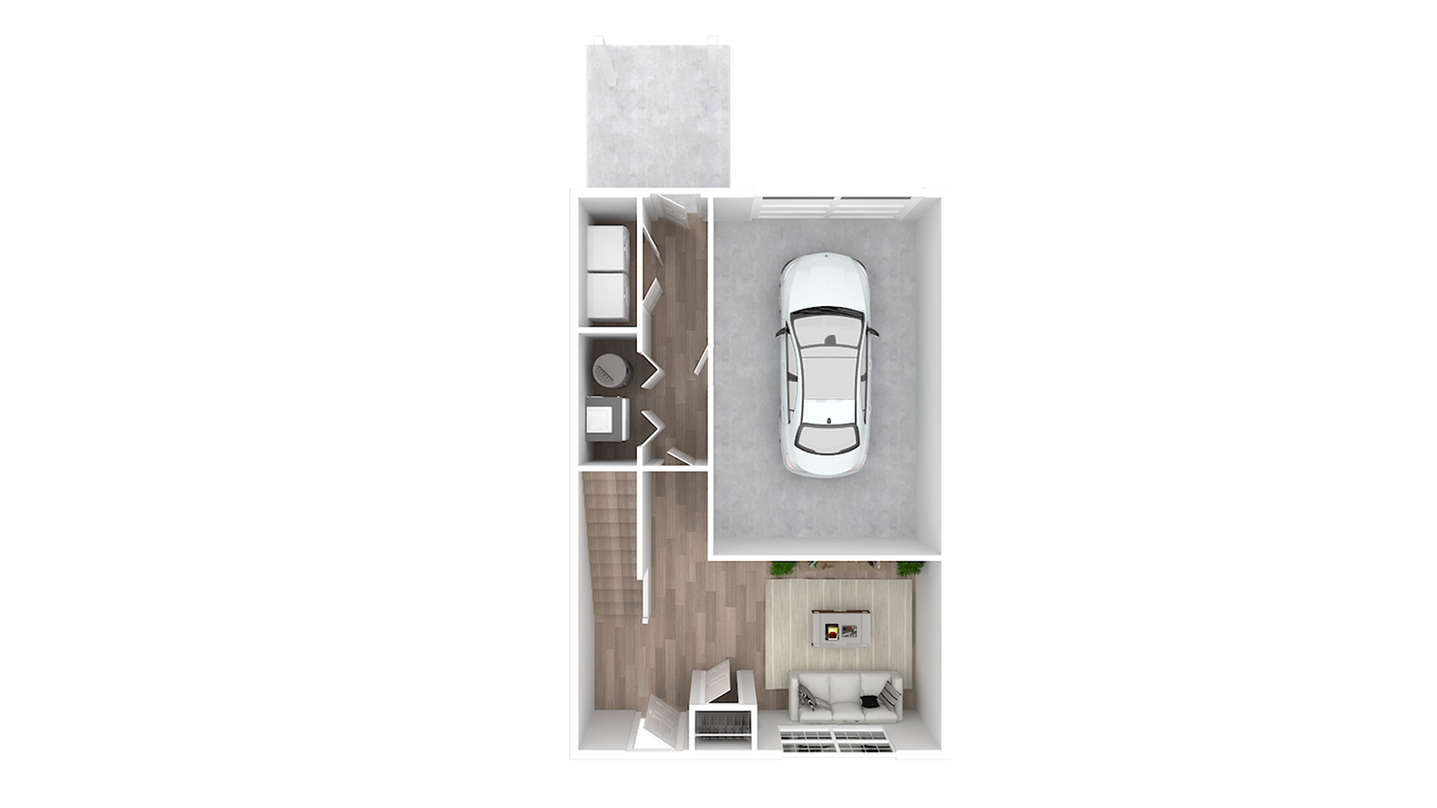 Modern floor plan showing a garage, entrance, and cozy living area.