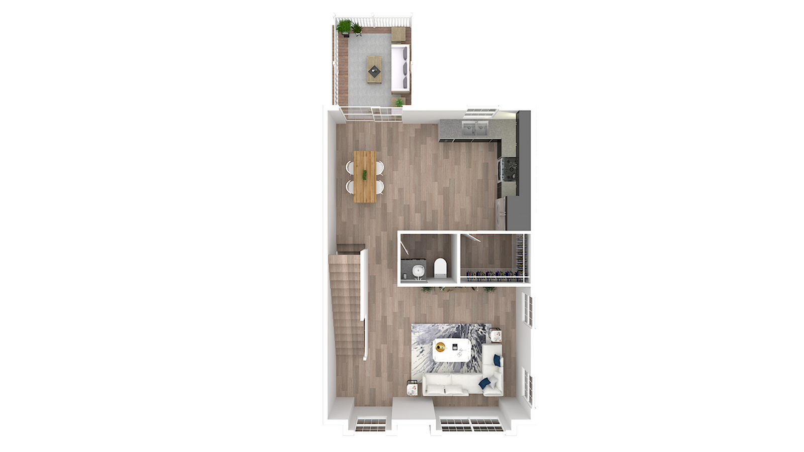 3D floor plan highlighting an open-concept living and kitchen area with an outdoor patio.