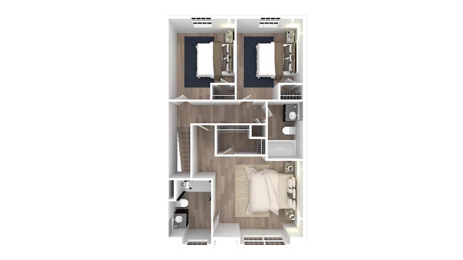 3D floor plan displaying three bedrooms, stylish bathroom setup, and optimal living space design.