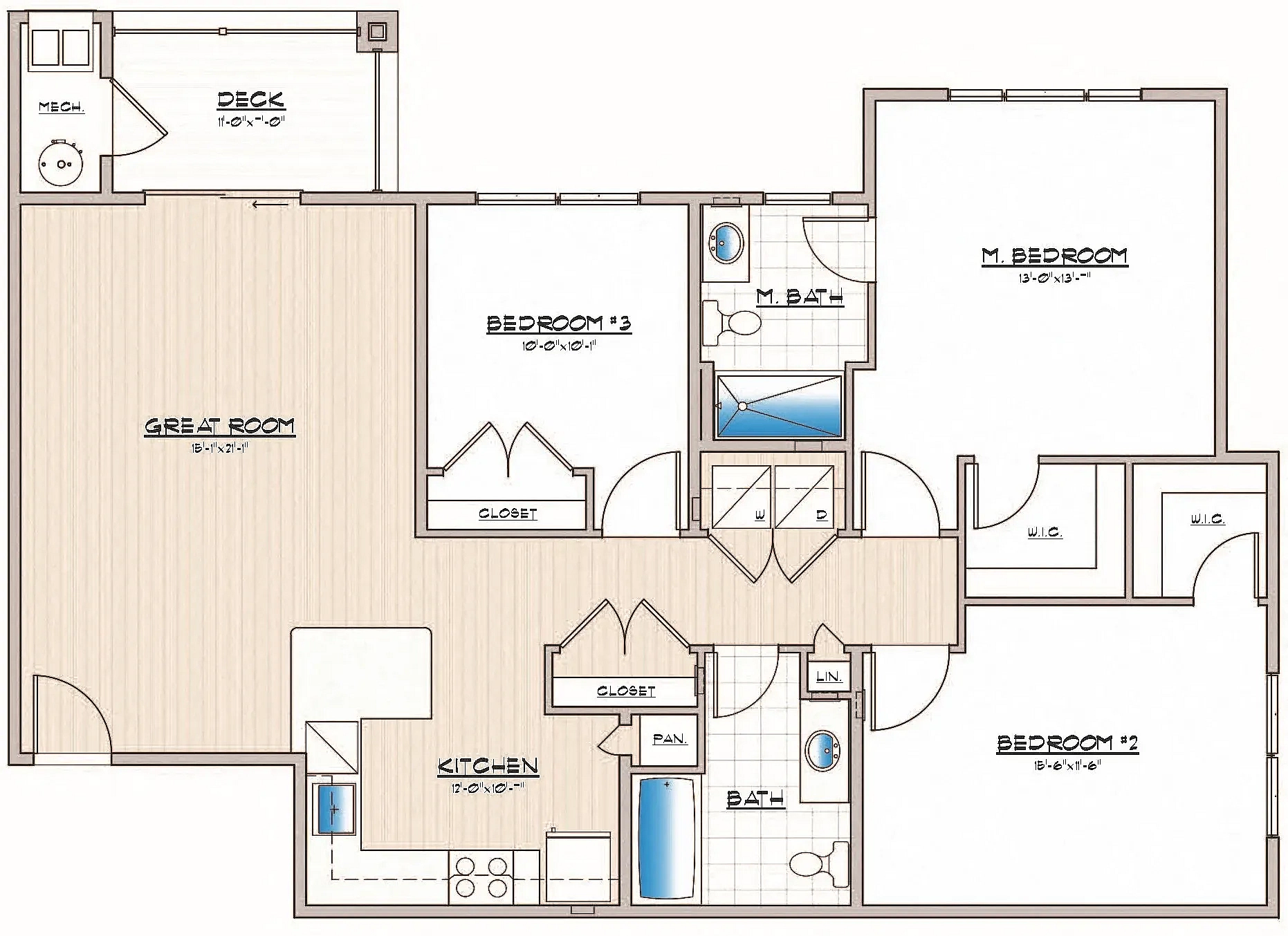 Spacious 3-bedroom floor plan, Unit E, featuring a large great room, modern kitchen, and a private deck, 1,372 sq ft.