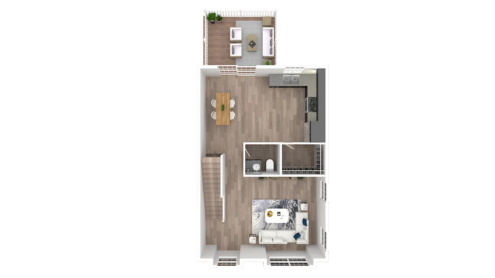 Contemporary open floor plan featuring a spacious kitchen, dining area, living room, and a cozy patio.