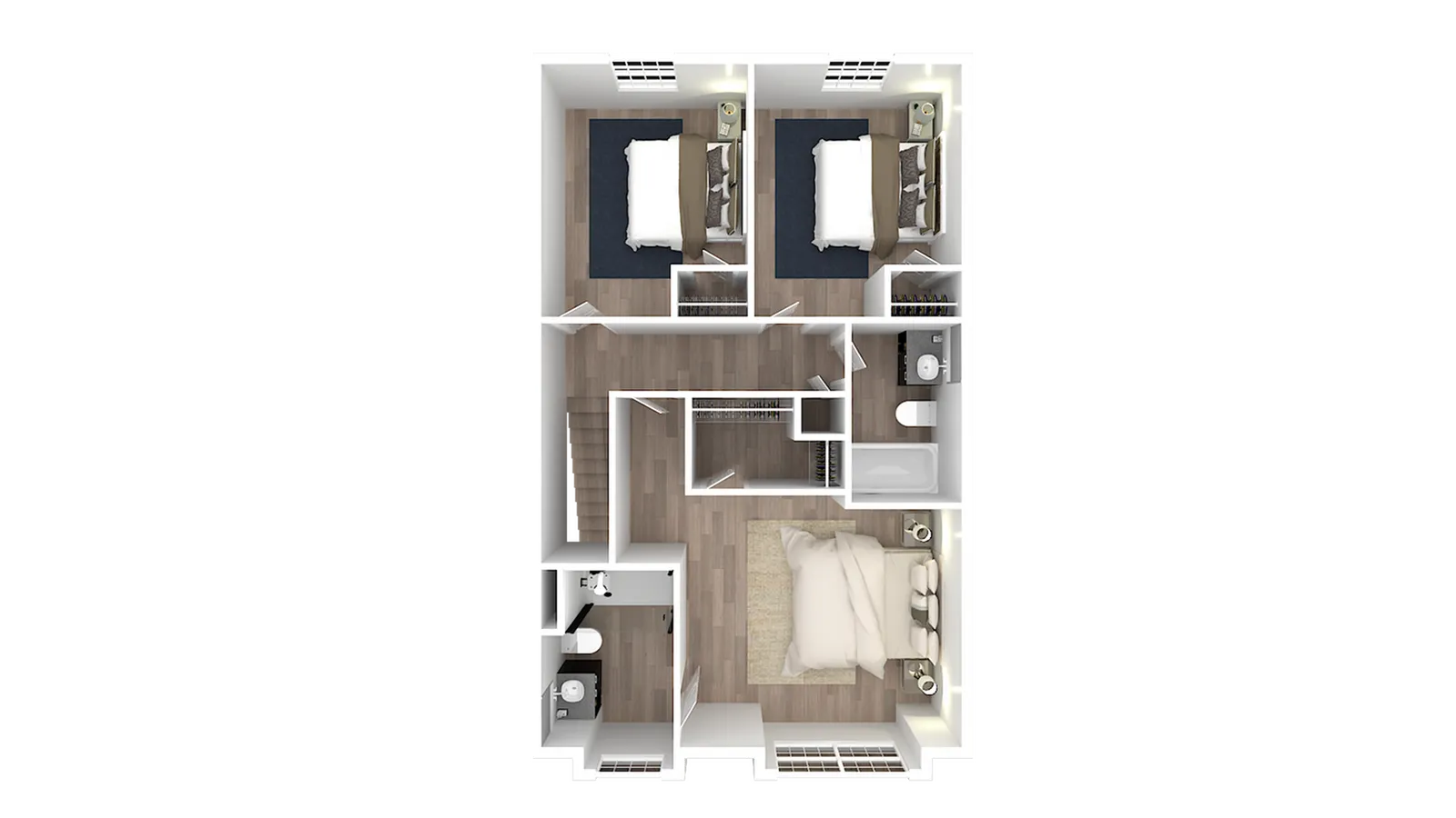 3D floor plan featuring 3 bedrooms, two bathrooms, and a comfortable living area with elegant design.