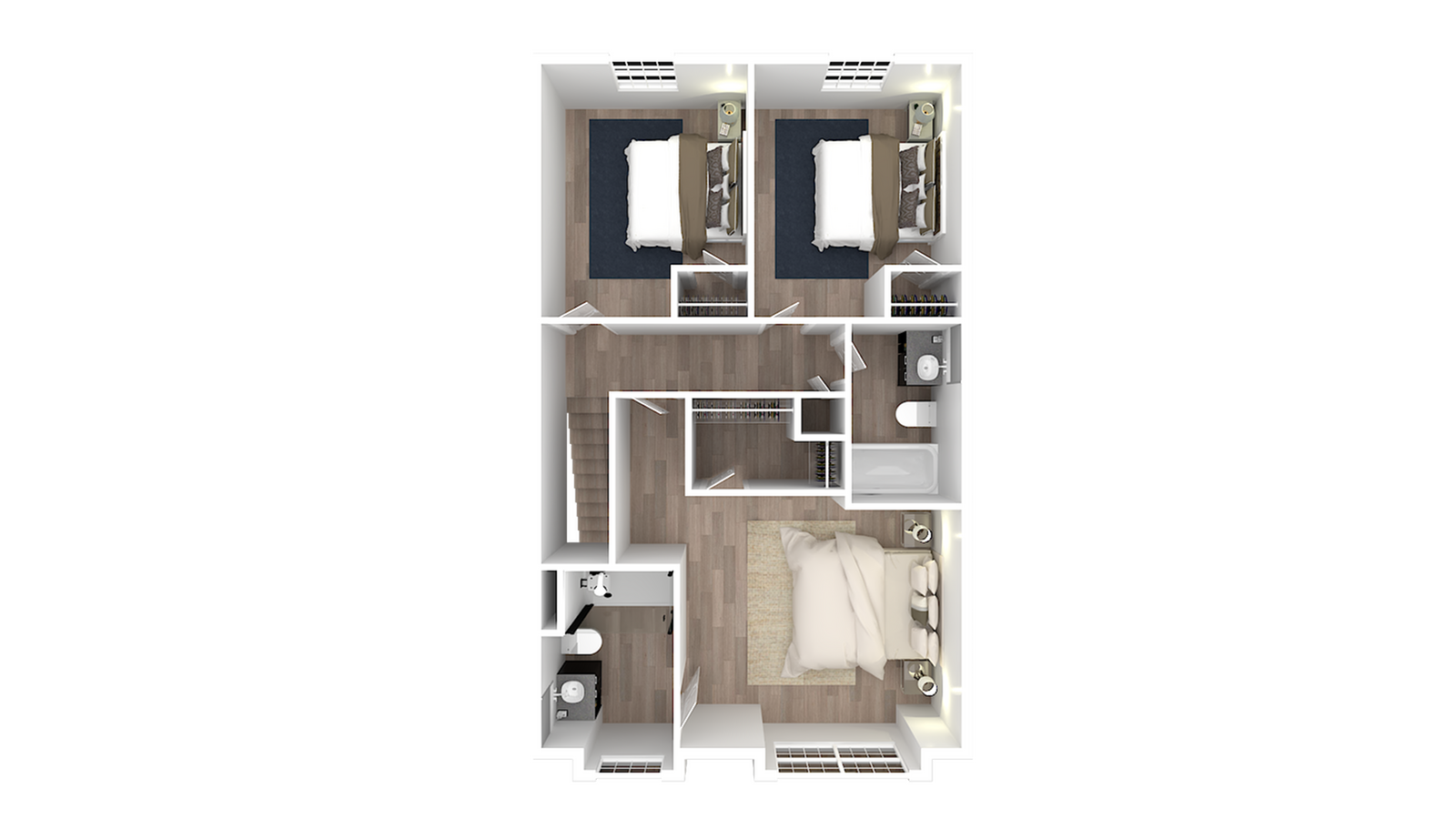 3D apartment floor plan with 3 bedrooms, featuring a master bedroom with an ensuite bathroom and two additional bedrooms.