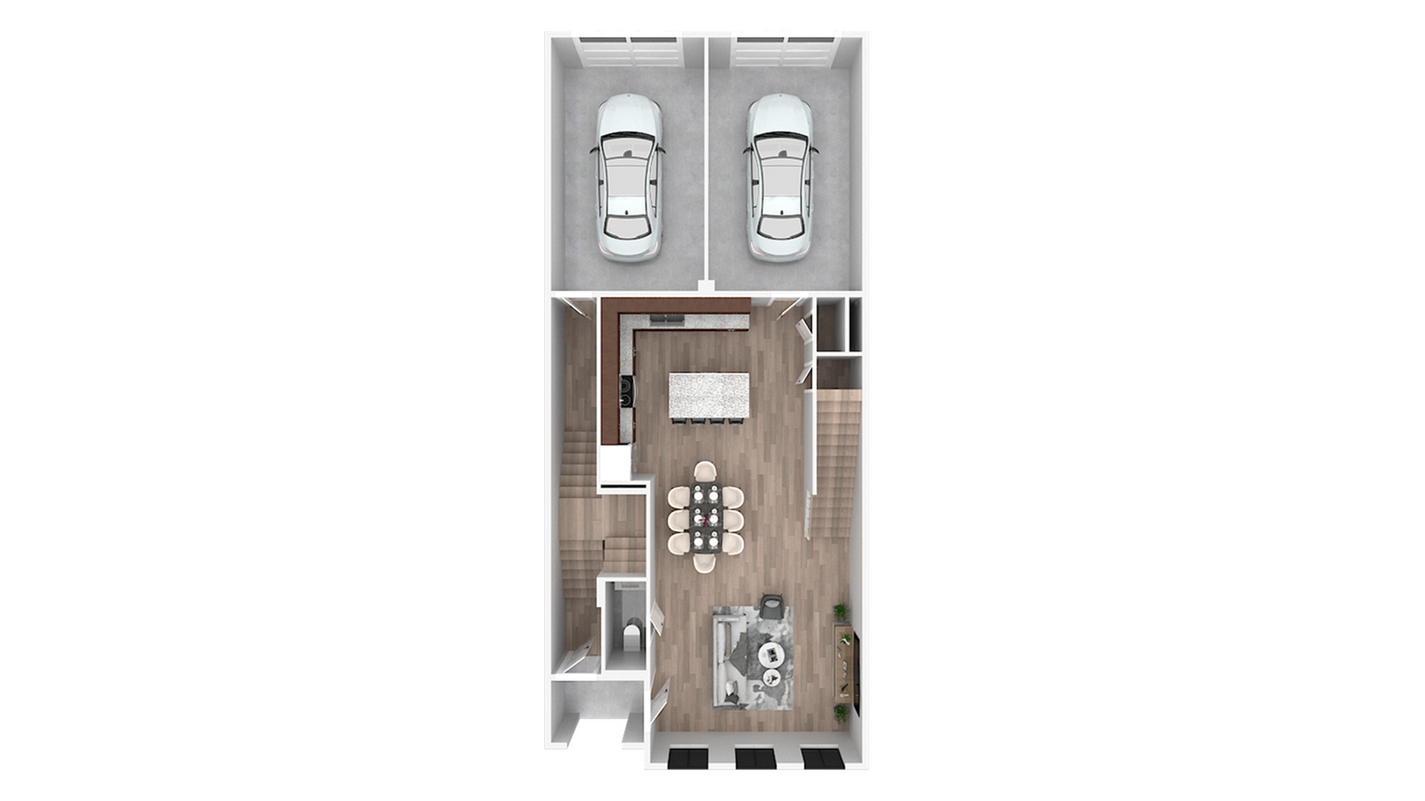 Innovative duplex floor plan featuring a dual garage, open kitchen, dining area, and cozy living room with stair access.