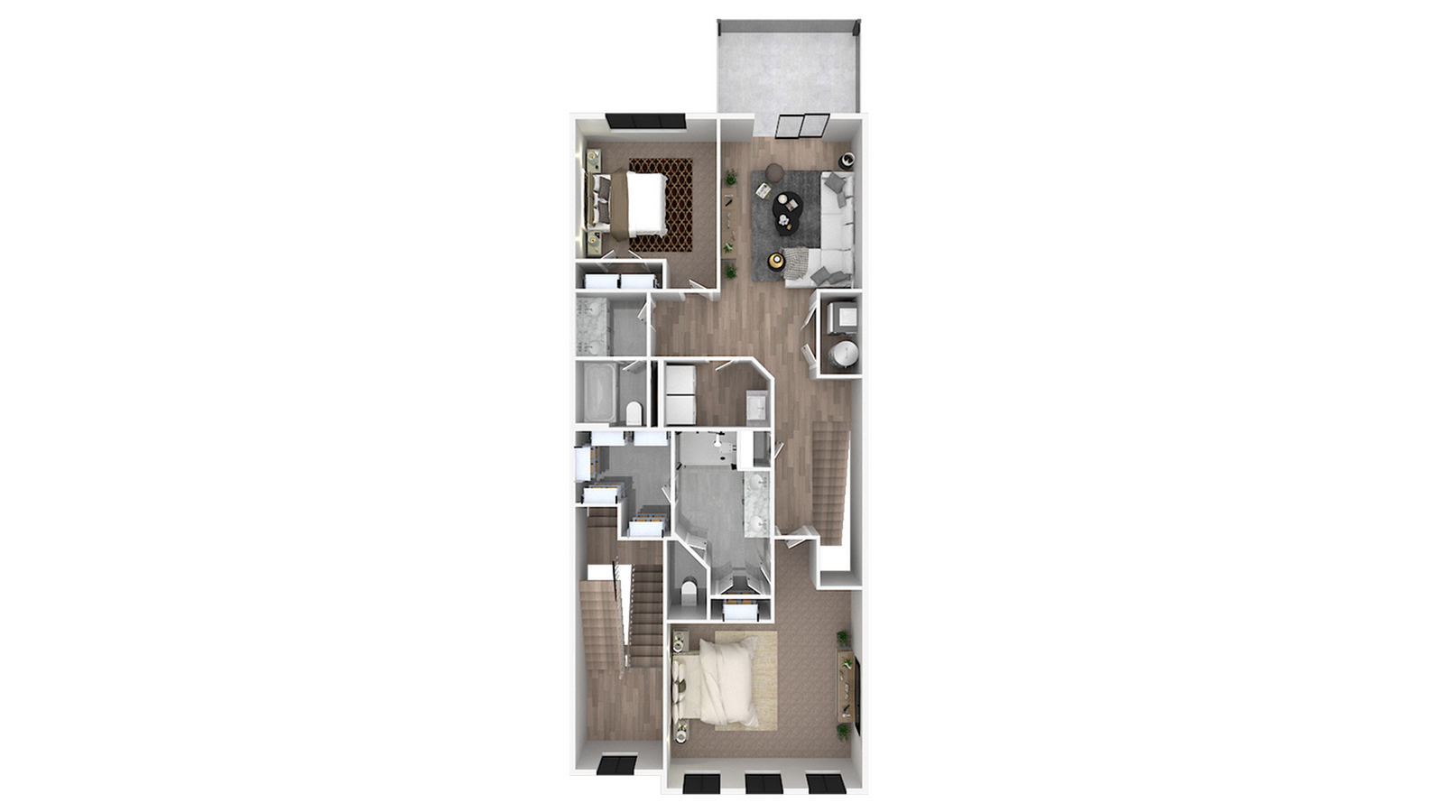 Detailed 3D floor plan of a spacious duplex with two bedrooms, an open-plan living area, and modern kitchen.