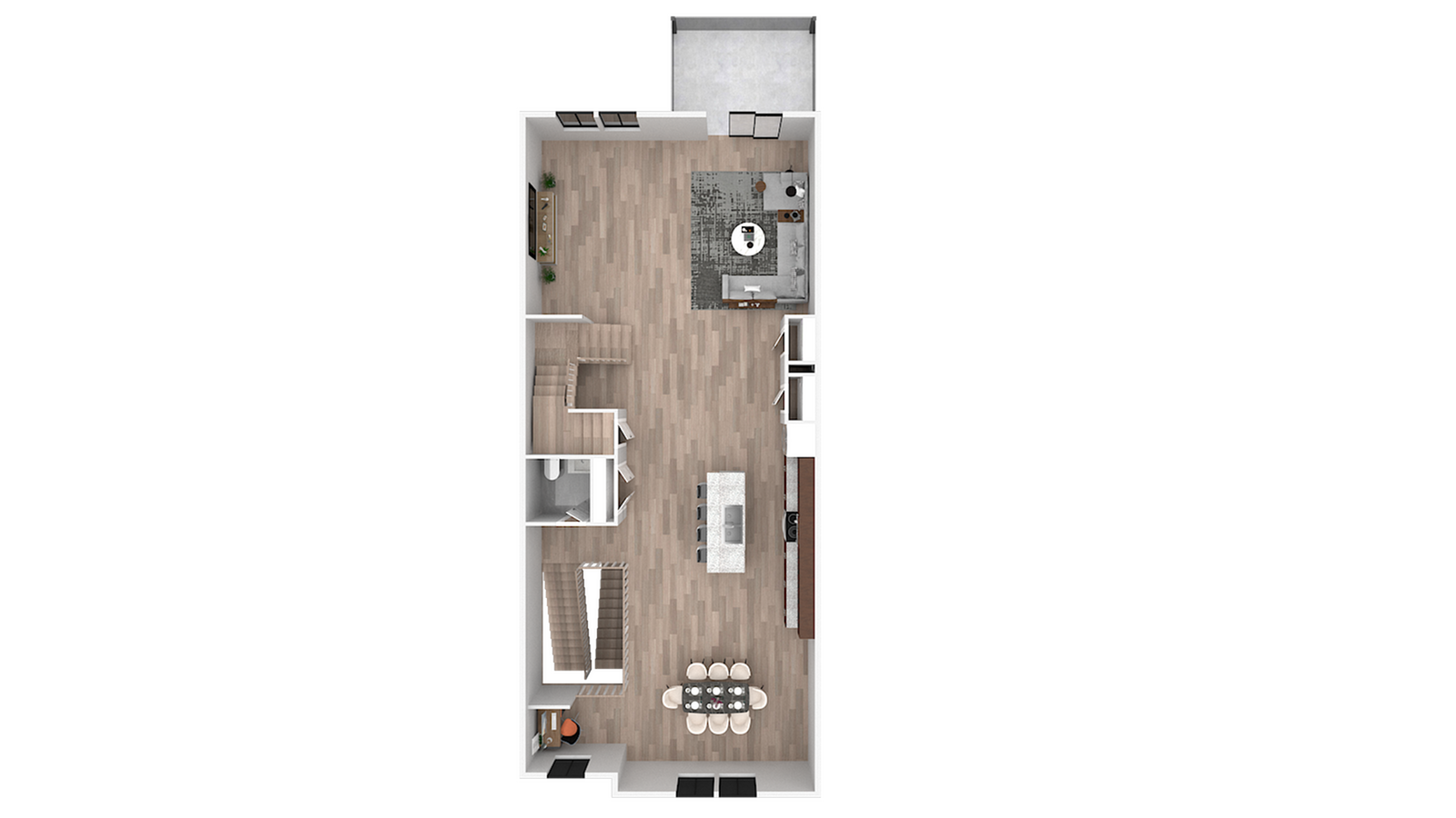 3D floor plan showcasing a spacious open-concept living area with a modern kitchen and seating zone.