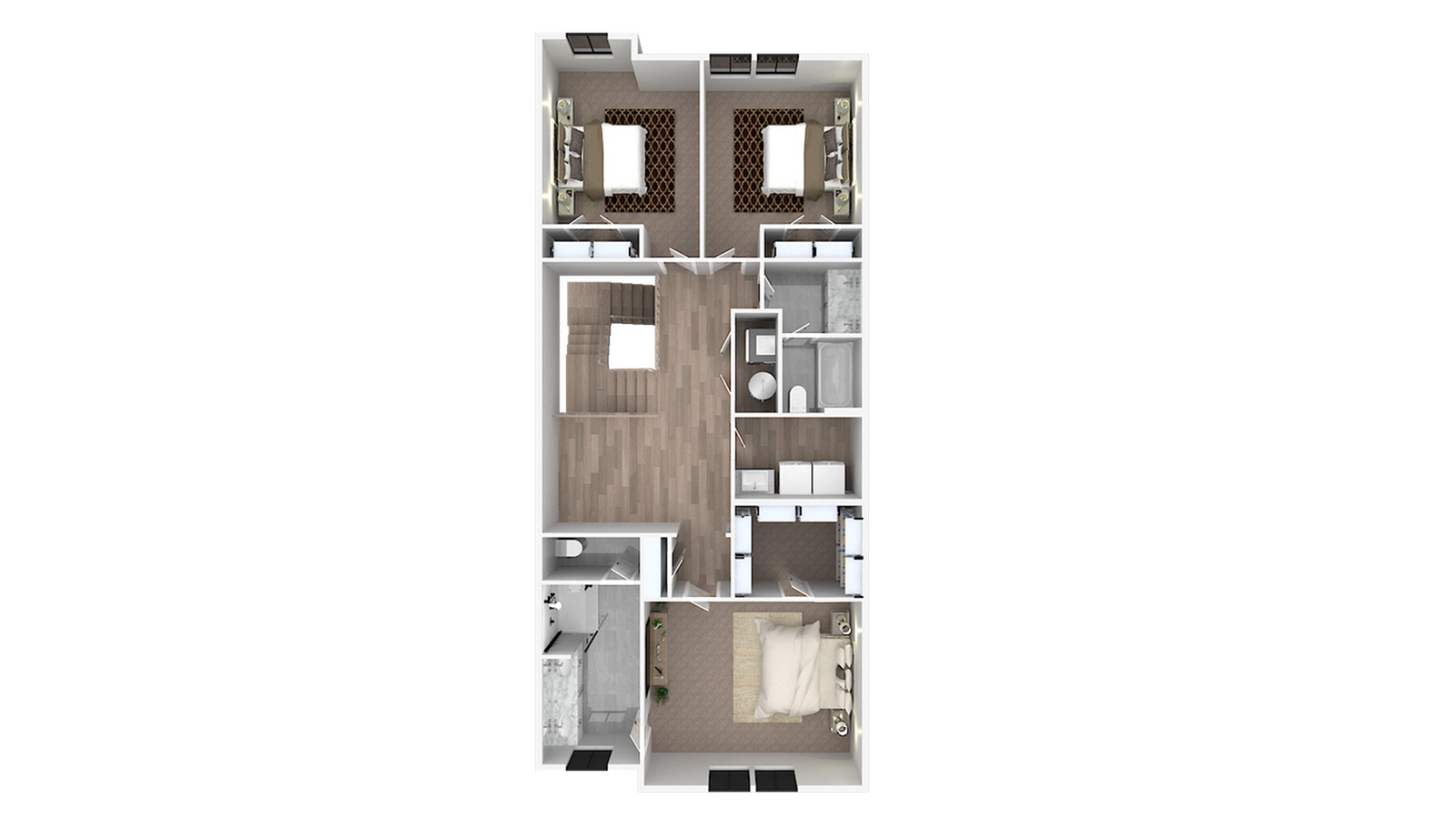 Chic 3D floor plan featuring 3 bedrooms, a central living space, and a modern kitchen layout.