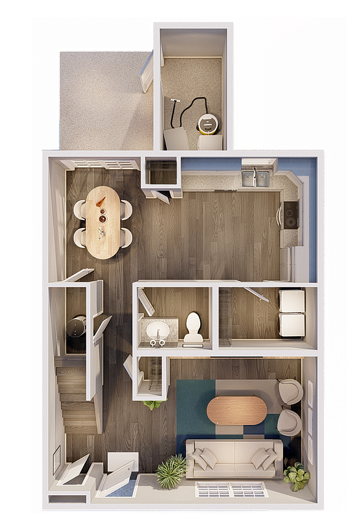 Stylish 3D floor plan of a modern apartment featuring a cozy living room, open kitchen, dining area, and a functional bathroom.