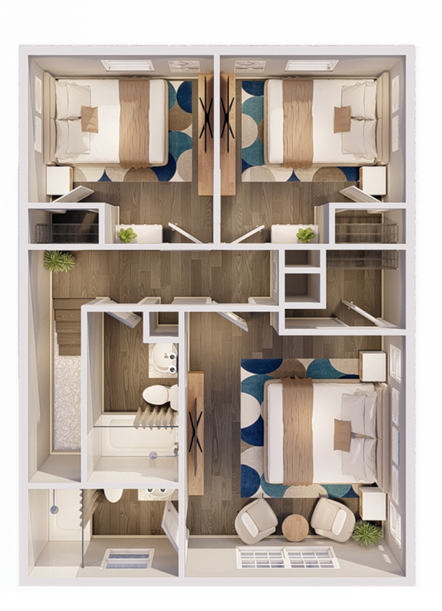 Inviting 3D floor plan showcasing three cozy bedrooms, a modern bathroom, and a spacious open area.