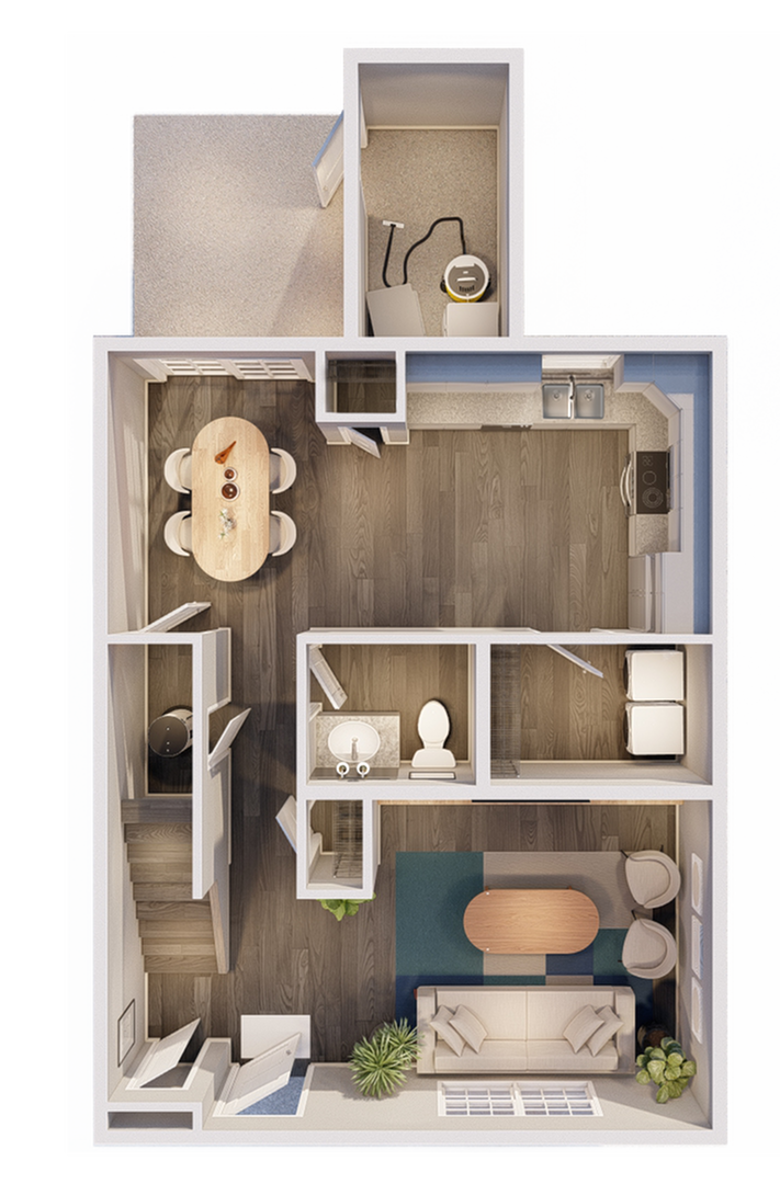 Stylish floor plan featuring an open-concept kitchen, dining area, and cozy living room, with a bathroom and utility space.
