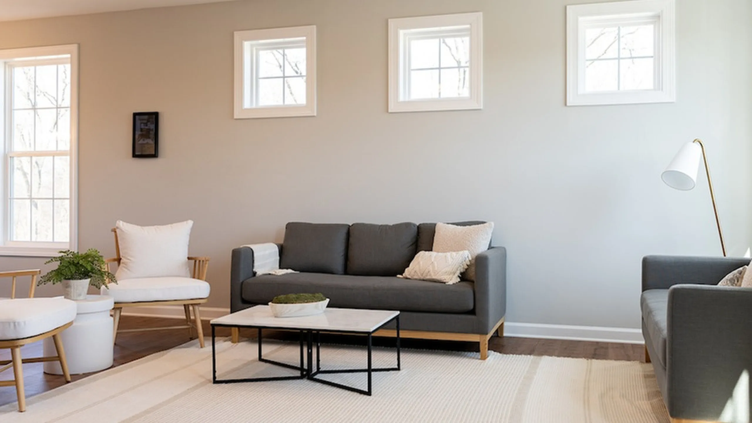 Bright and modern living room featuring sleek gray sofas, large windows, and stylish decor for a cozy and inviting atmosphere.