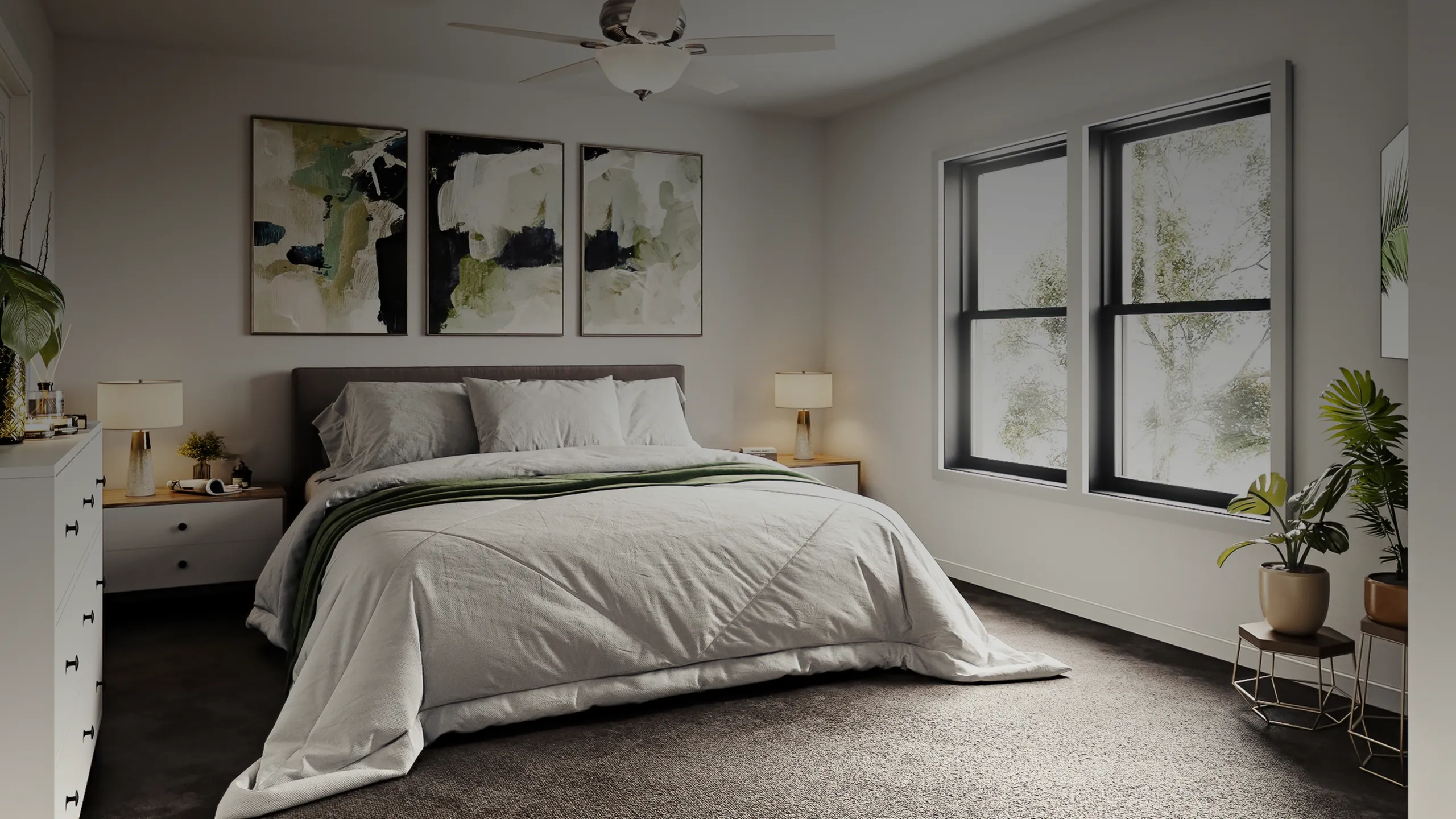Inviting bedroom with modern decor, featuring a cozy bed, elegant nightstands, and large windows offering natural light.