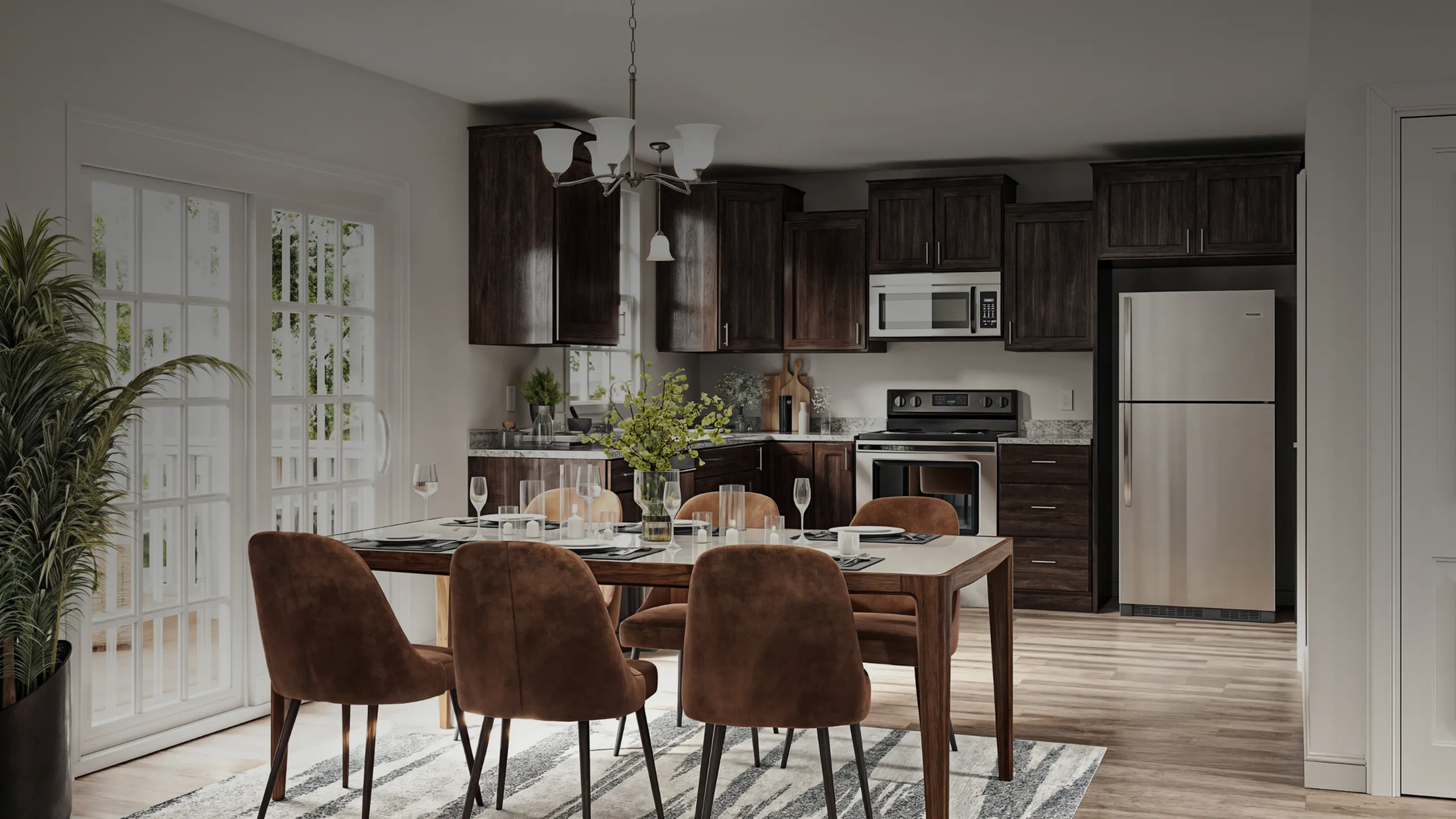 Elegant modern kitchen with stainless steel appliances, dark wood cabinetry, and a chic dining area with plush seating.
