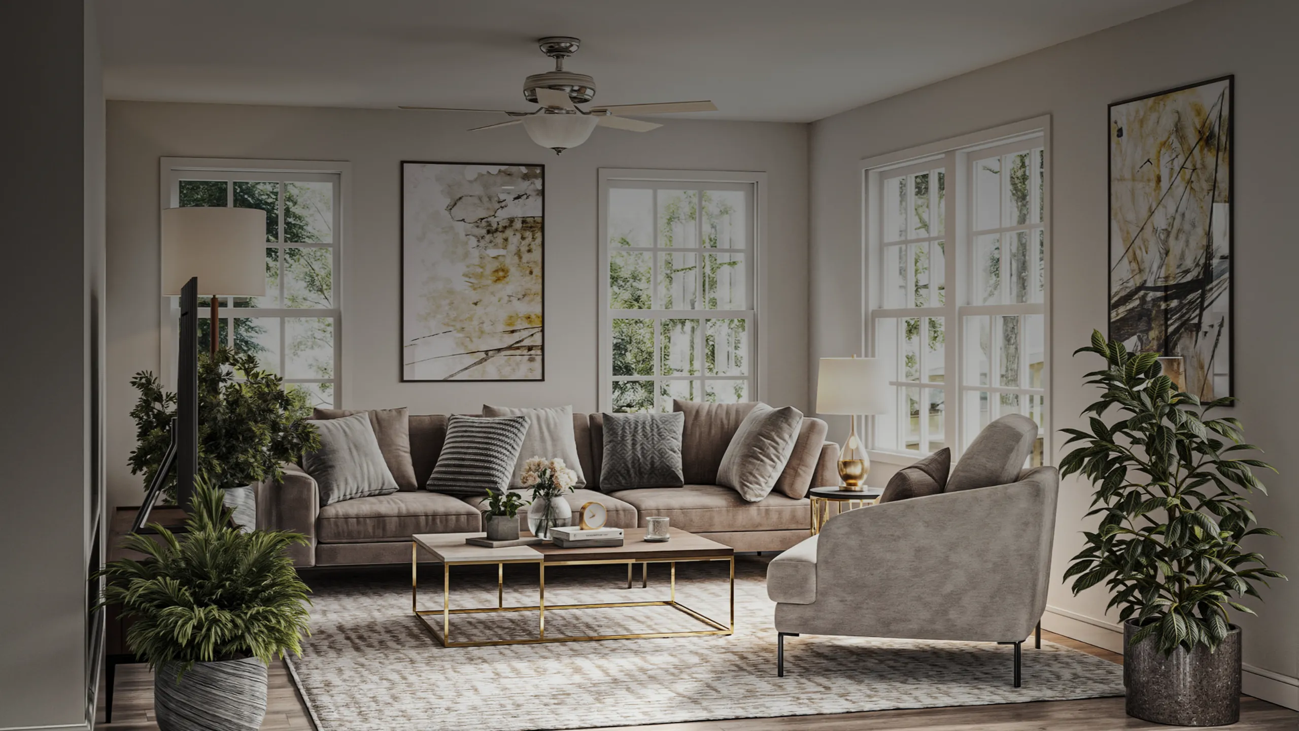 Elegant living room with stylish décor, including plush sofas, chic gold coffee table, and large windows letting in natural light, creating a cozy and inviting atmosphere.