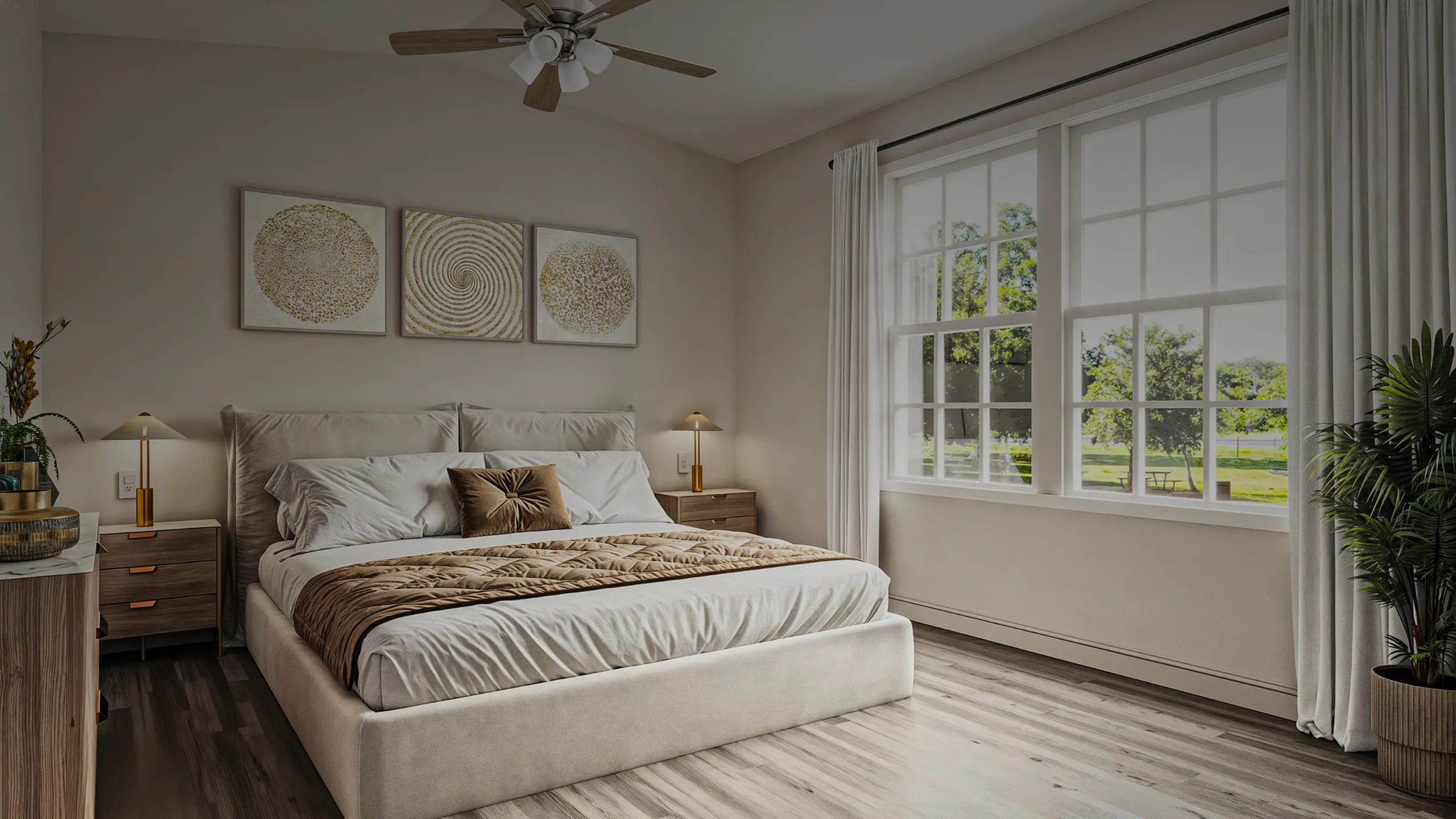 Luxurious bedroom with elegant decor, featuring large windows overlooking scenic greenery, cozy bed, and stylish furnishings.