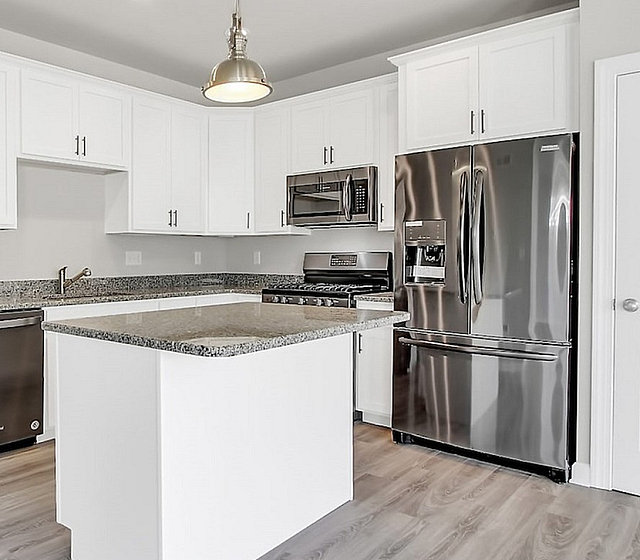 Modern kitchen with sleek stainless steel appliances, bright white cabinetry, and elegant granite countertops, perfect for culinary enthusiasts.