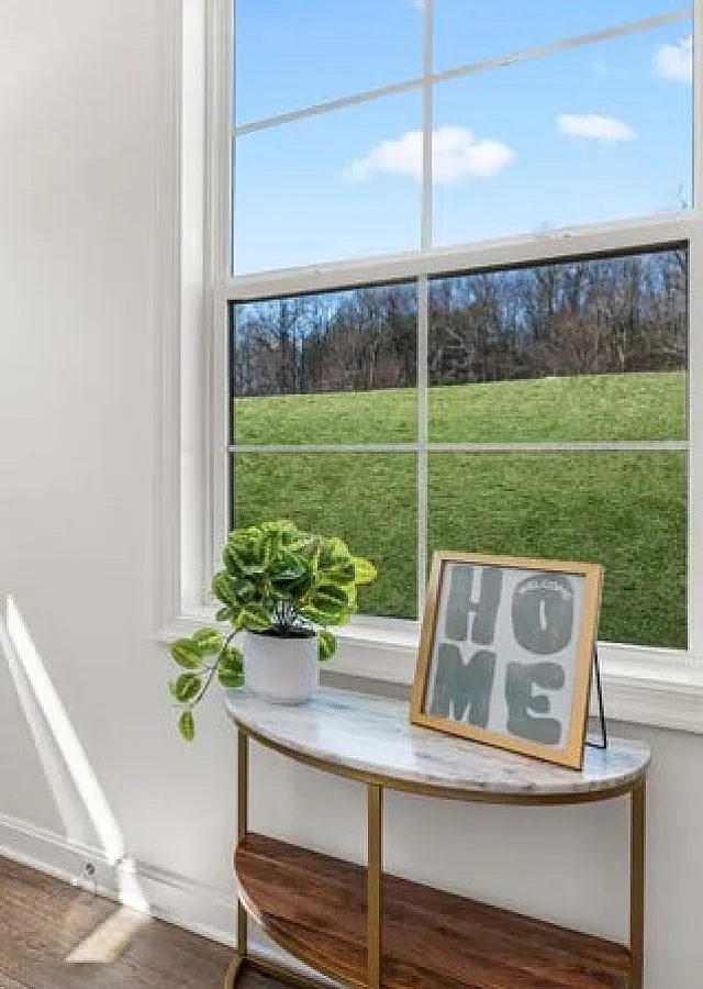 Bright and welcoming entryway with natural light, sleek side table with plant, and charming 'Home' decor, featuring wide window with scenic outdoor view.