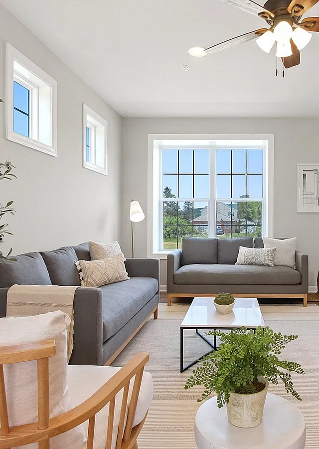 Bright and inviting living room with contemporary design, featuring comfy sofas, stylish wooden chairs, and large windows offering natural light.