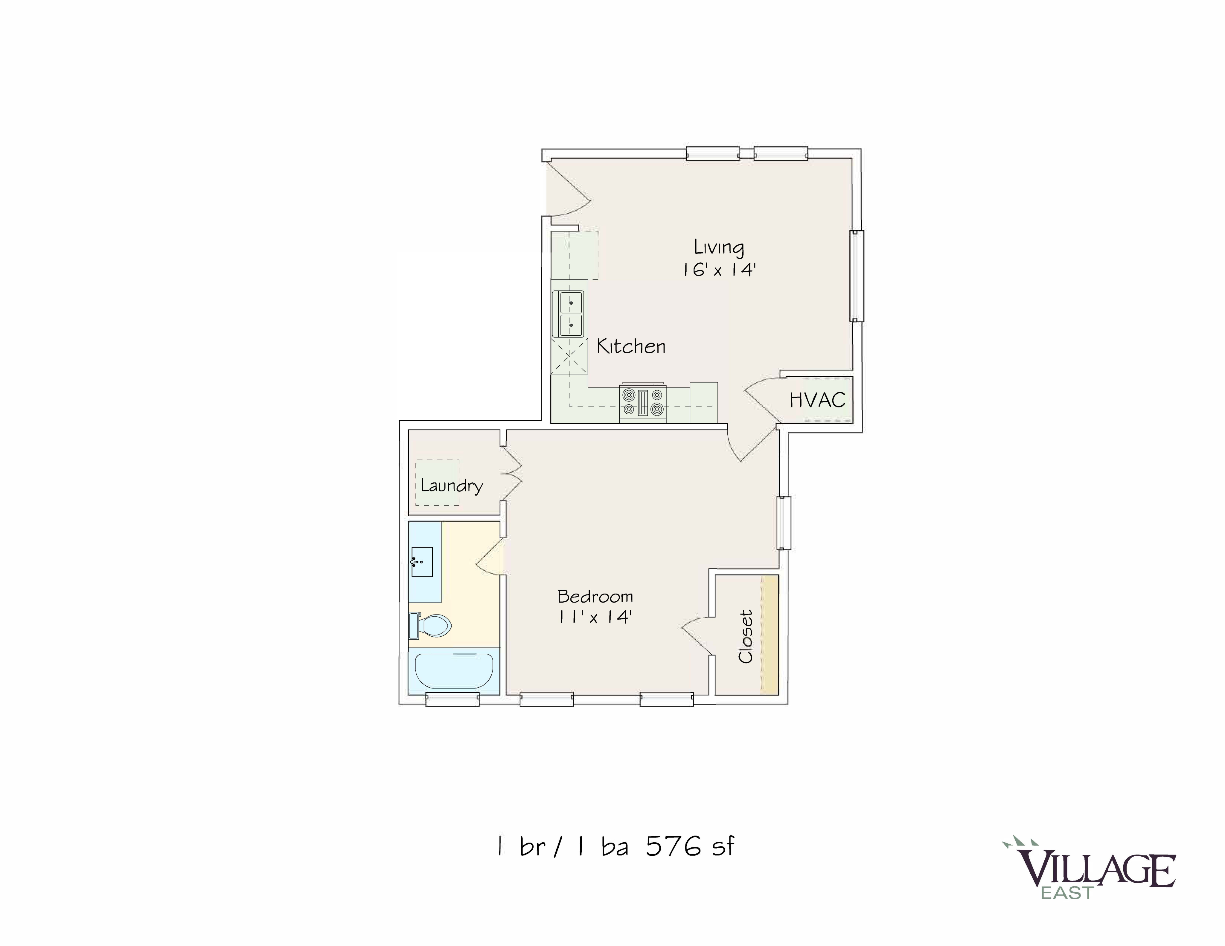 Inviting 1-bedroom, 1-bathroom floor plan with a compact kitchen and spacious living area at Village East.